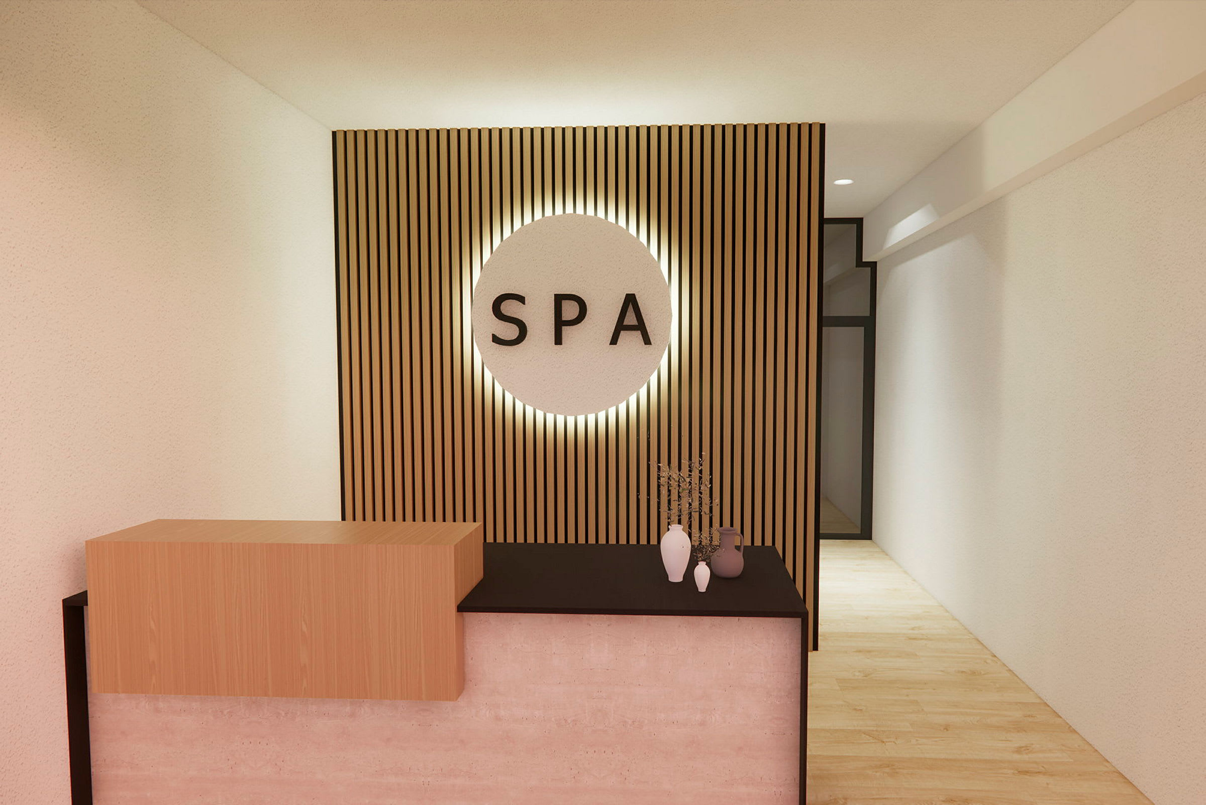 Reception med et bord og baggrund med teksten "SPA" i et moderne rum. (AI-genereret tekst)