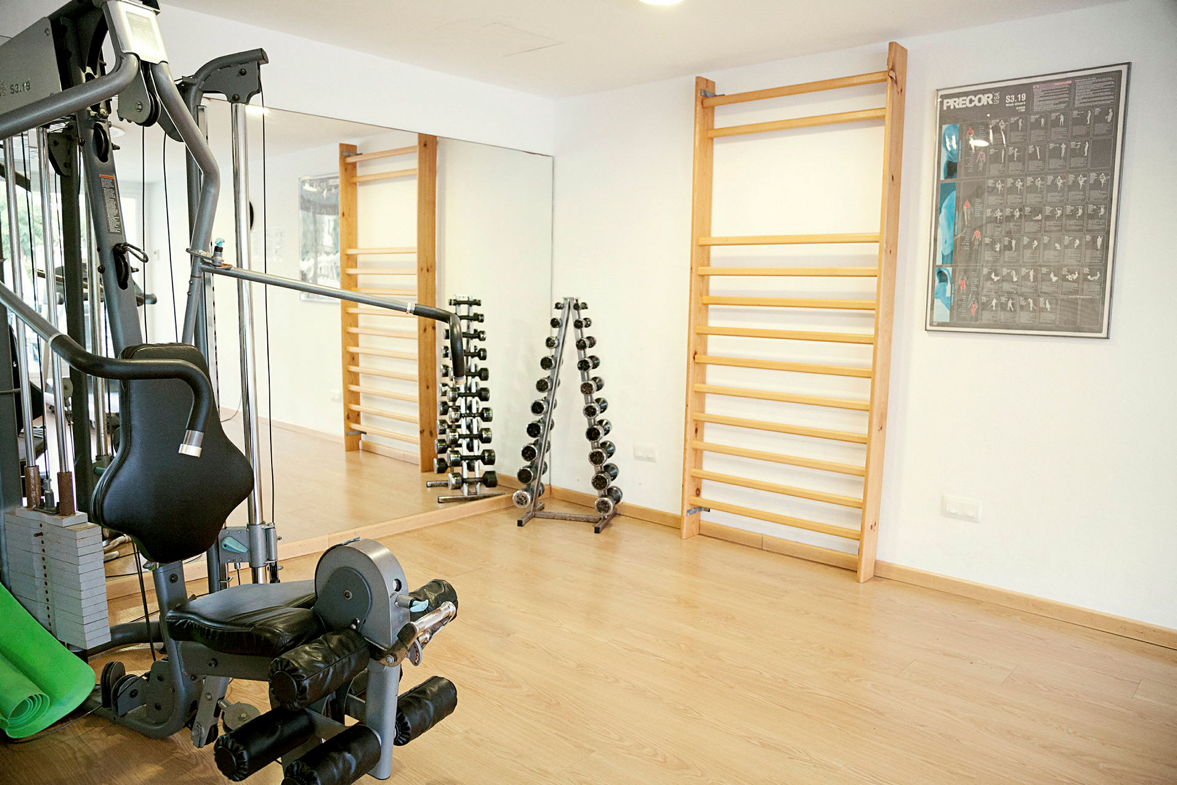 Et fitnessrum med træningsudstyr som styrketræningsmaskine, vægte og ribbevæg. (AI-genereret tekst)
