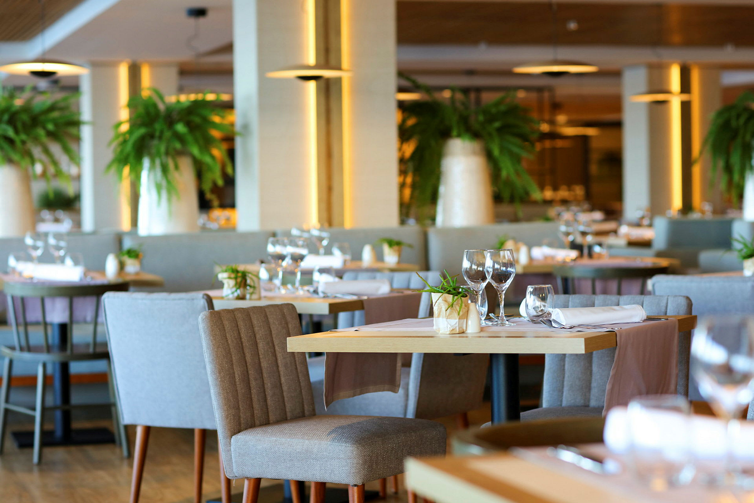 Interiør af en elegant restaurant med dækkede borde, komfortable stole og grønne planter som dekoration. (AI-genereret tekst)
