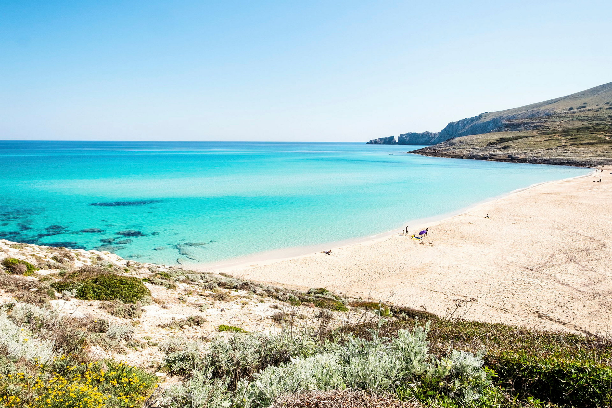En strand med lys sand og klart blåt vand, omgivet af grøn vegetation. (AI-genereret tekst)