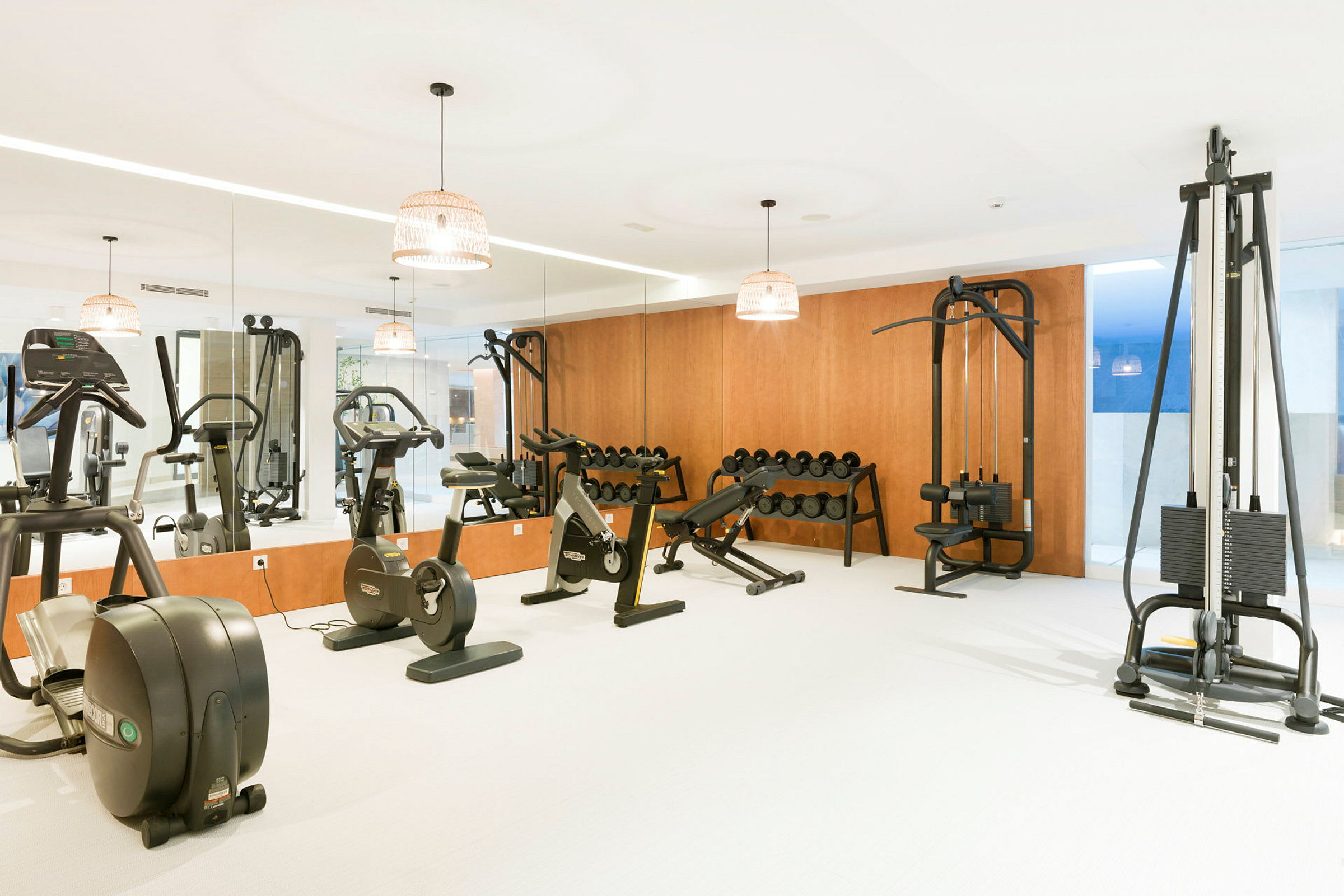 Fitnessrum med træningsmaskiner og frie vægte. (AI-genereret tekst)