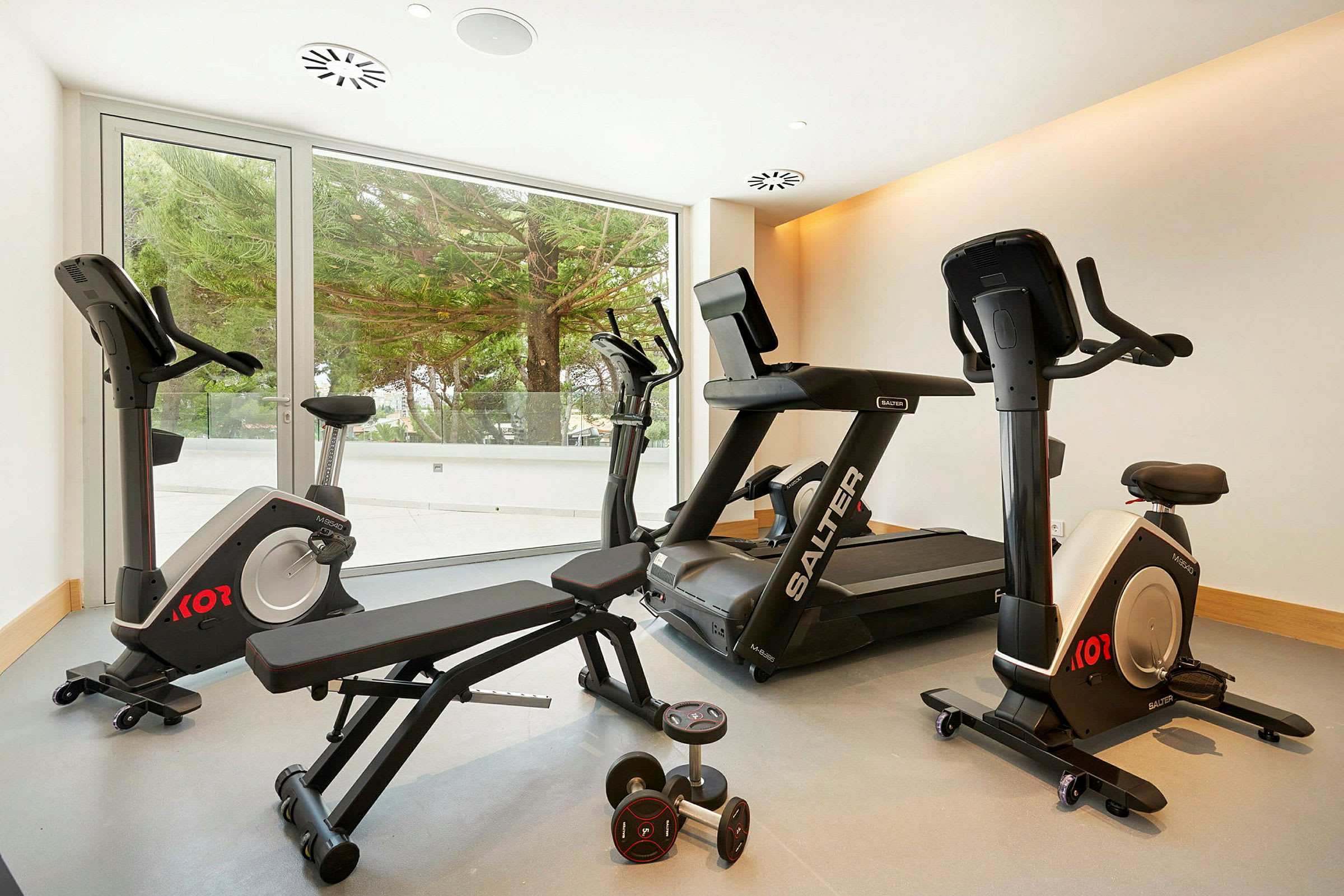 Et lille fitnessrum med motionsudstyr såsom løbebånd, motionscykler og håndvægte, samt store vinduer ud mod grønne træer udenfor. (AI-genereret tekst)