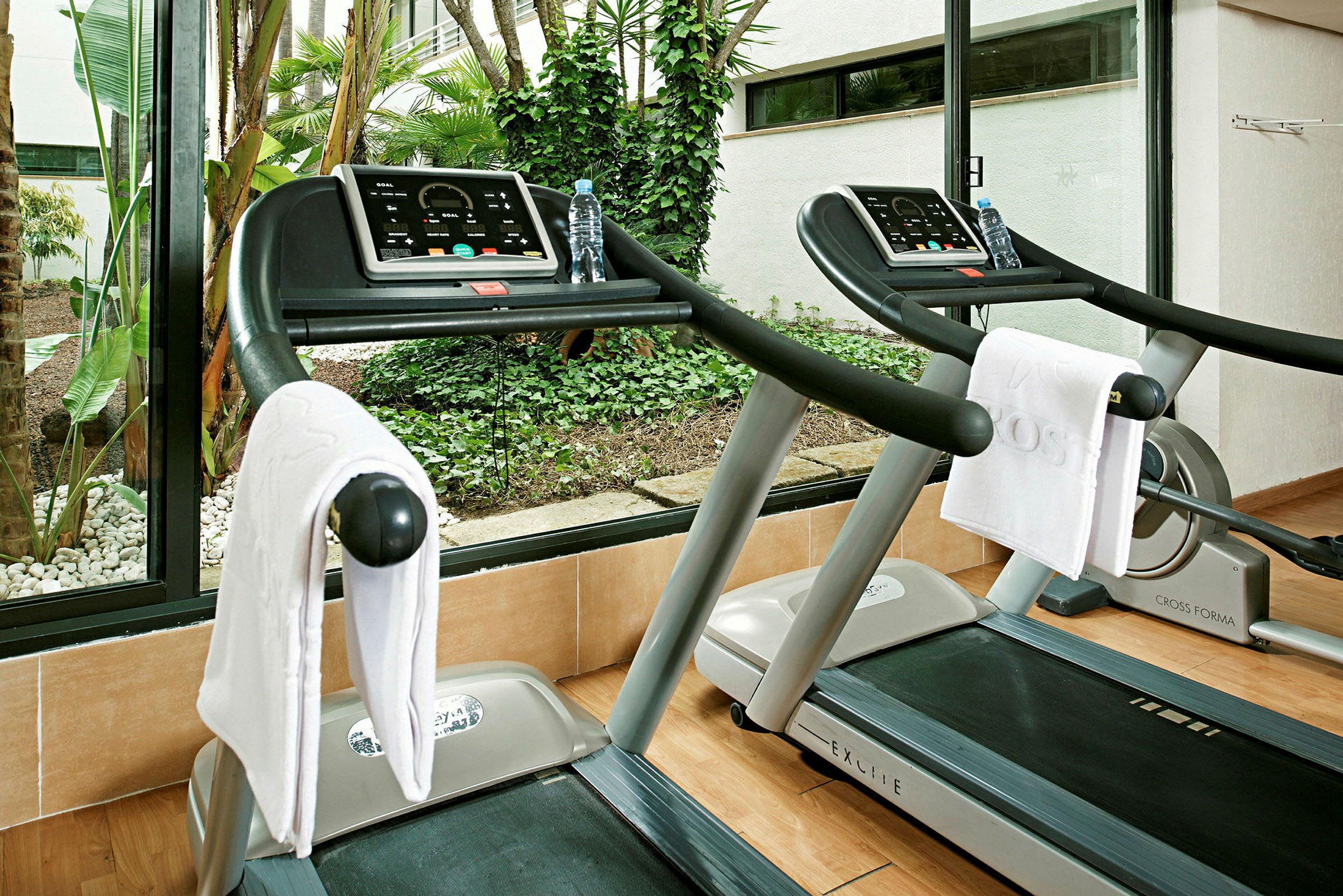 Billede af et fitnesscenter med to løbebånd foran et vindue med udsigt over en frodig planteopsætning. (AI-genereret tekst)
