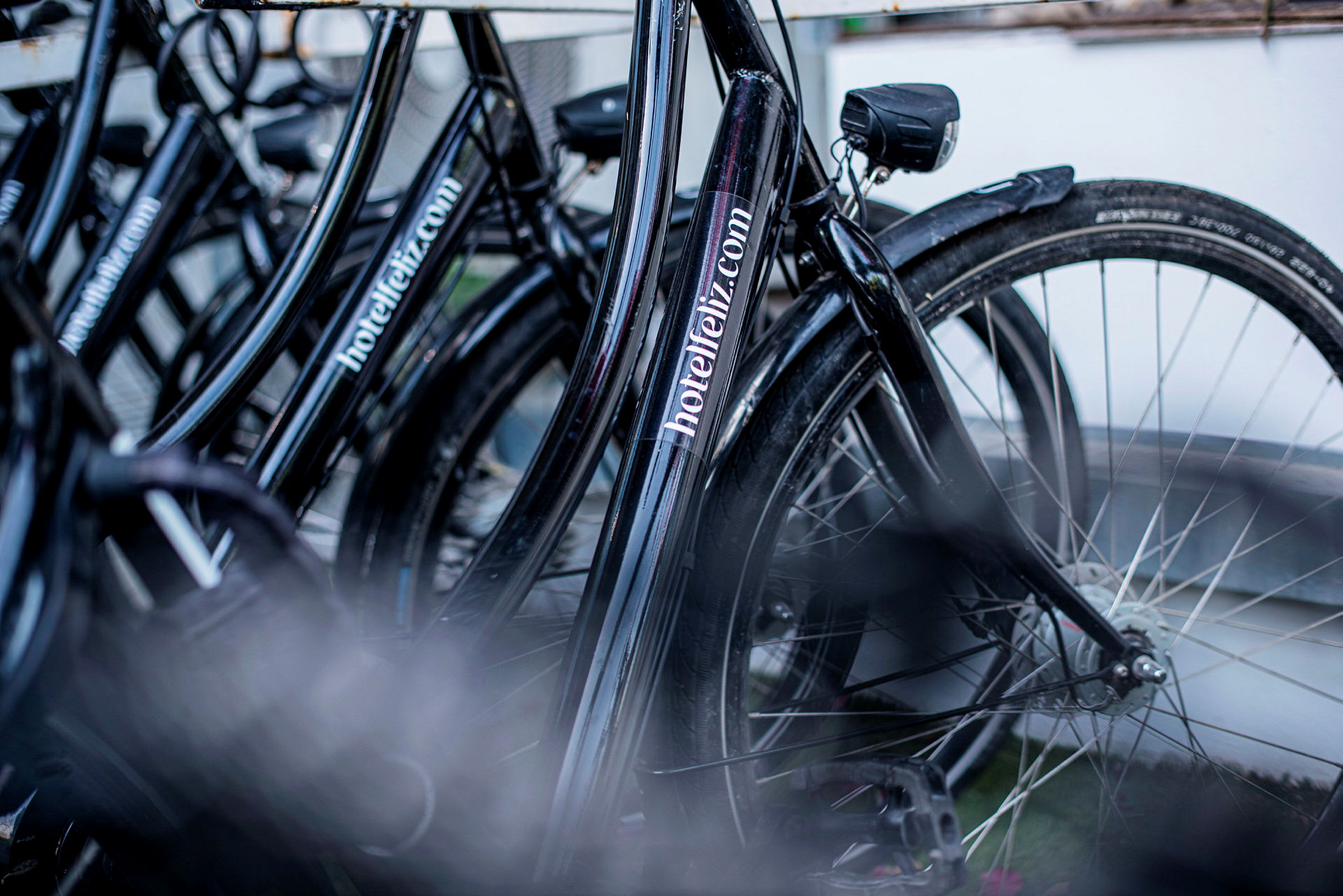 En række sorte cykler med teksten 'hotelfeliz.com' på stellet. (AI-genereret tekst)