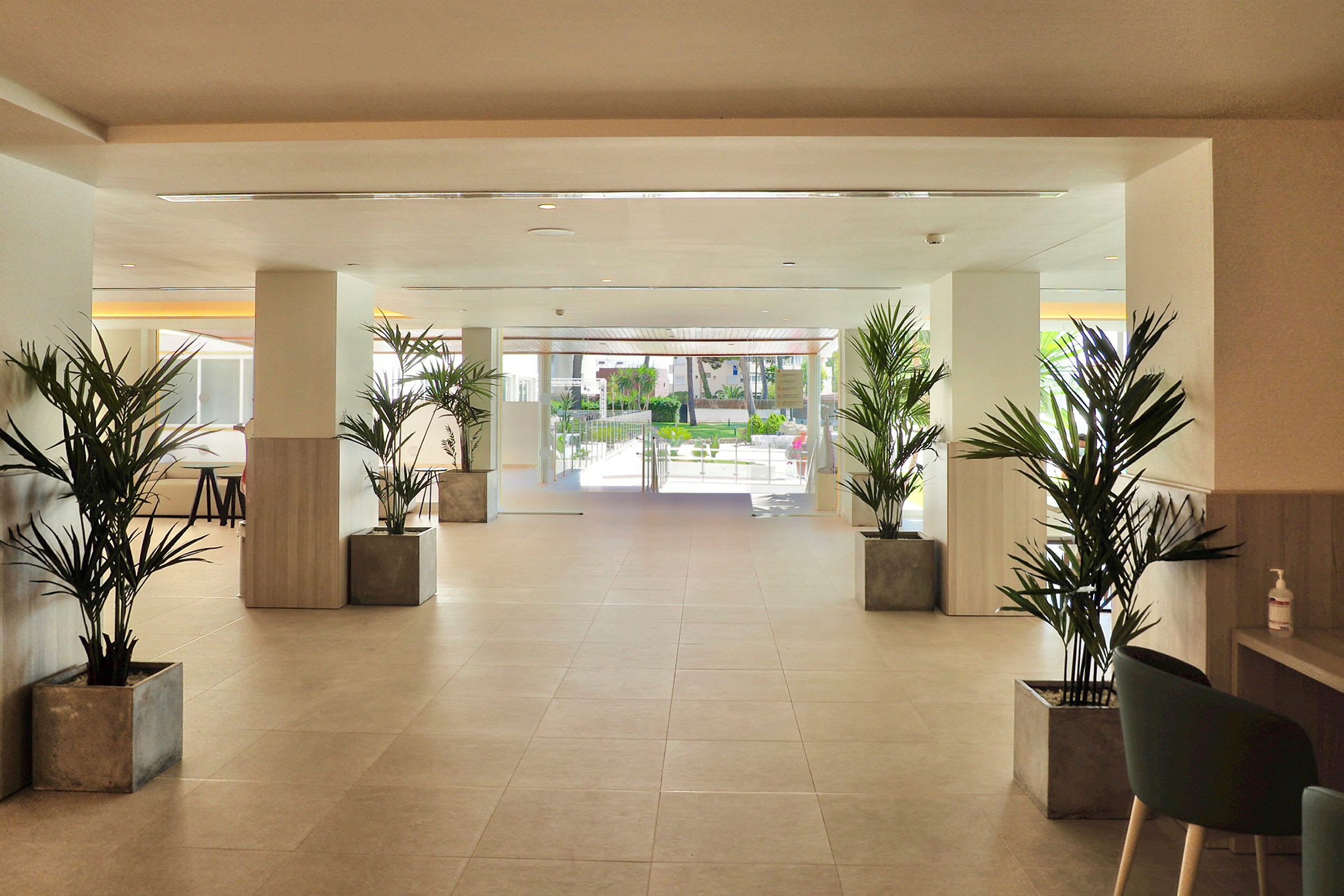 Et moderne og lyst hotellobbyområde med planter i firkantede krukker, åbent mod en have med palmer i baggrunden. (AI-genereret tekst)