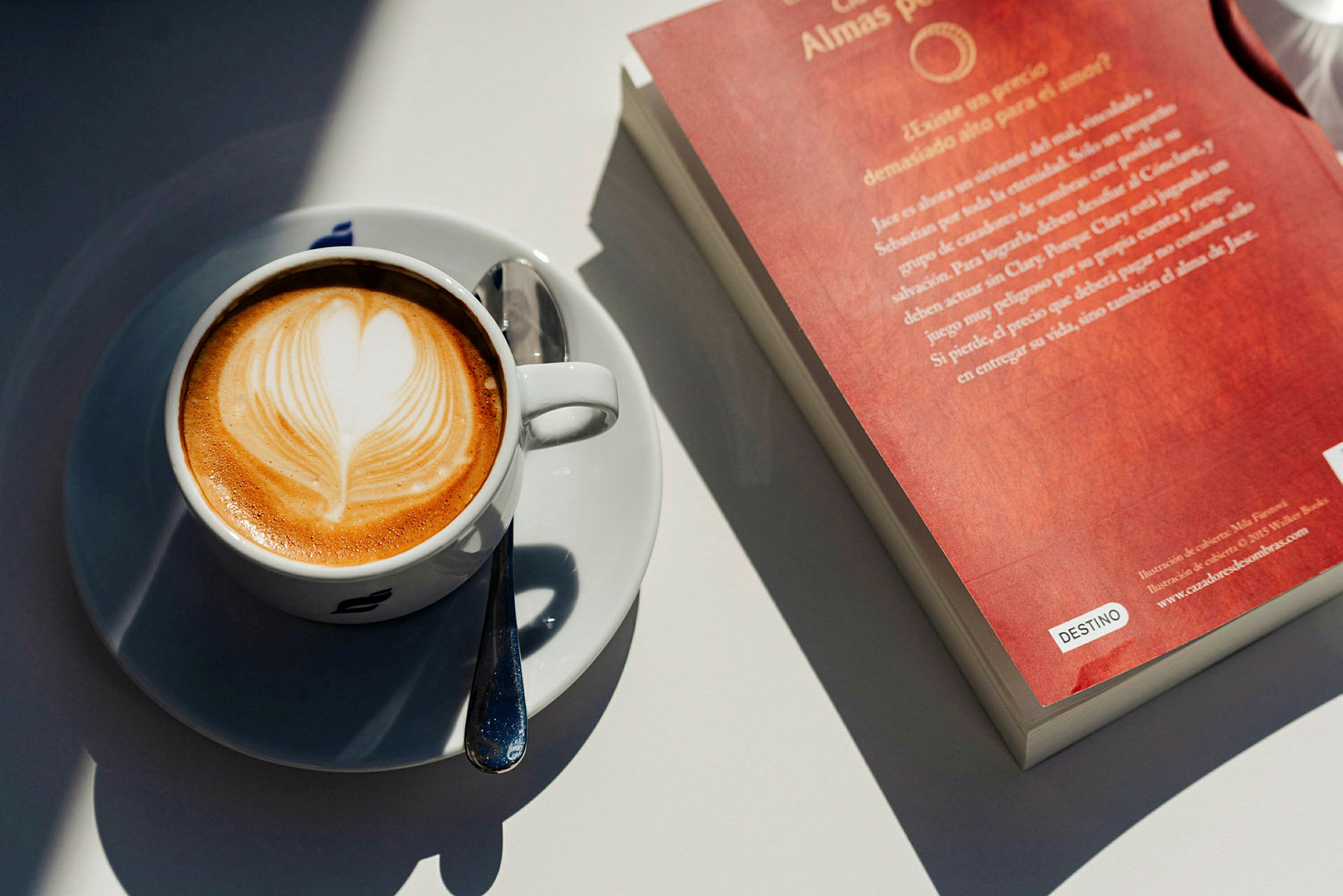 En kop cappuccino med hjerteformet latte-art ved siden af en bog med rødt omslag. (AI-genereret tekst)