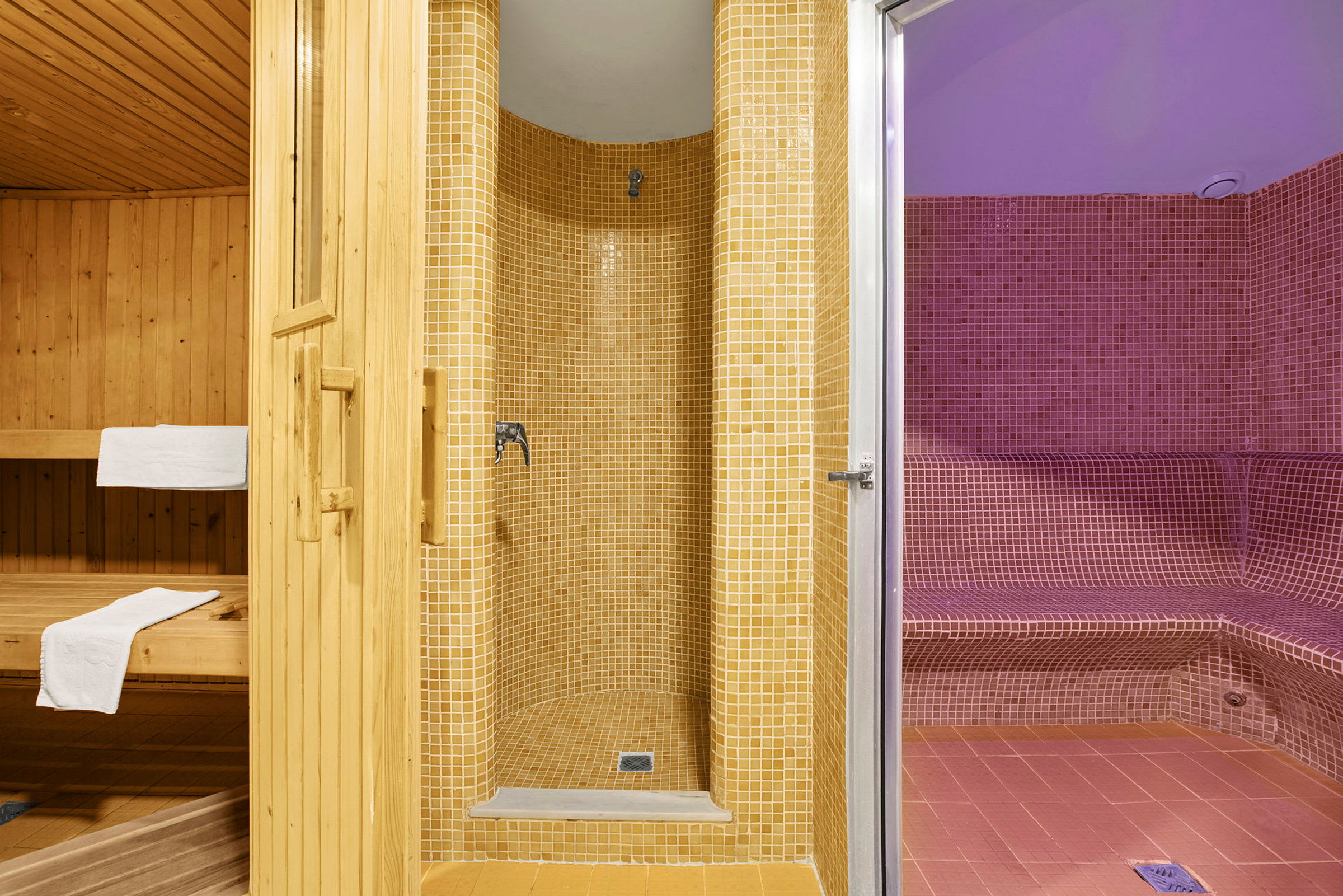 Tre områder: sauna i træ, brusebad med beige mosaik og dampbad med rød mosaik. (AI-genereret tekst)