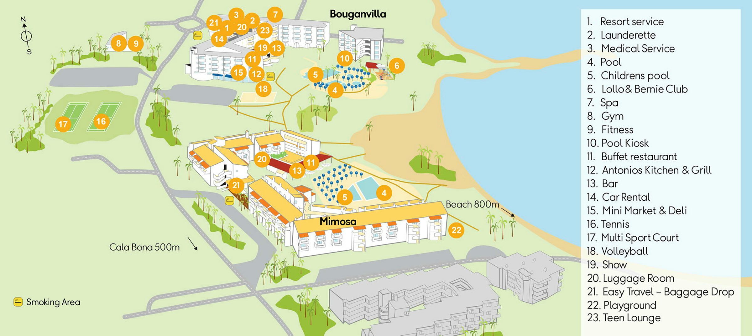 Illustreret kort over hotelanlæg med nummermarkerede faciliteter og steder. (AI-genereret tekst)