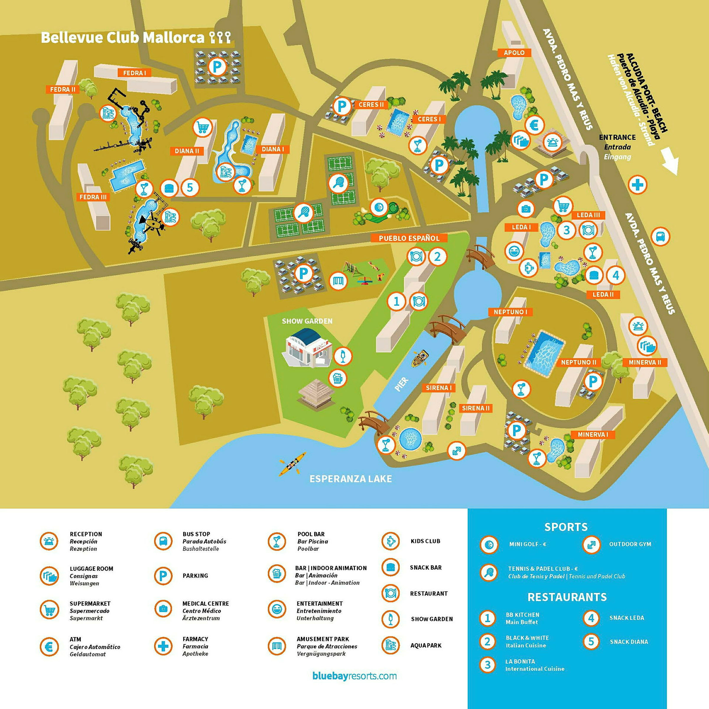 Illustreret kort over Bellevue Club Mallorca med markerede faciliteter. (AI-genereret tekst)