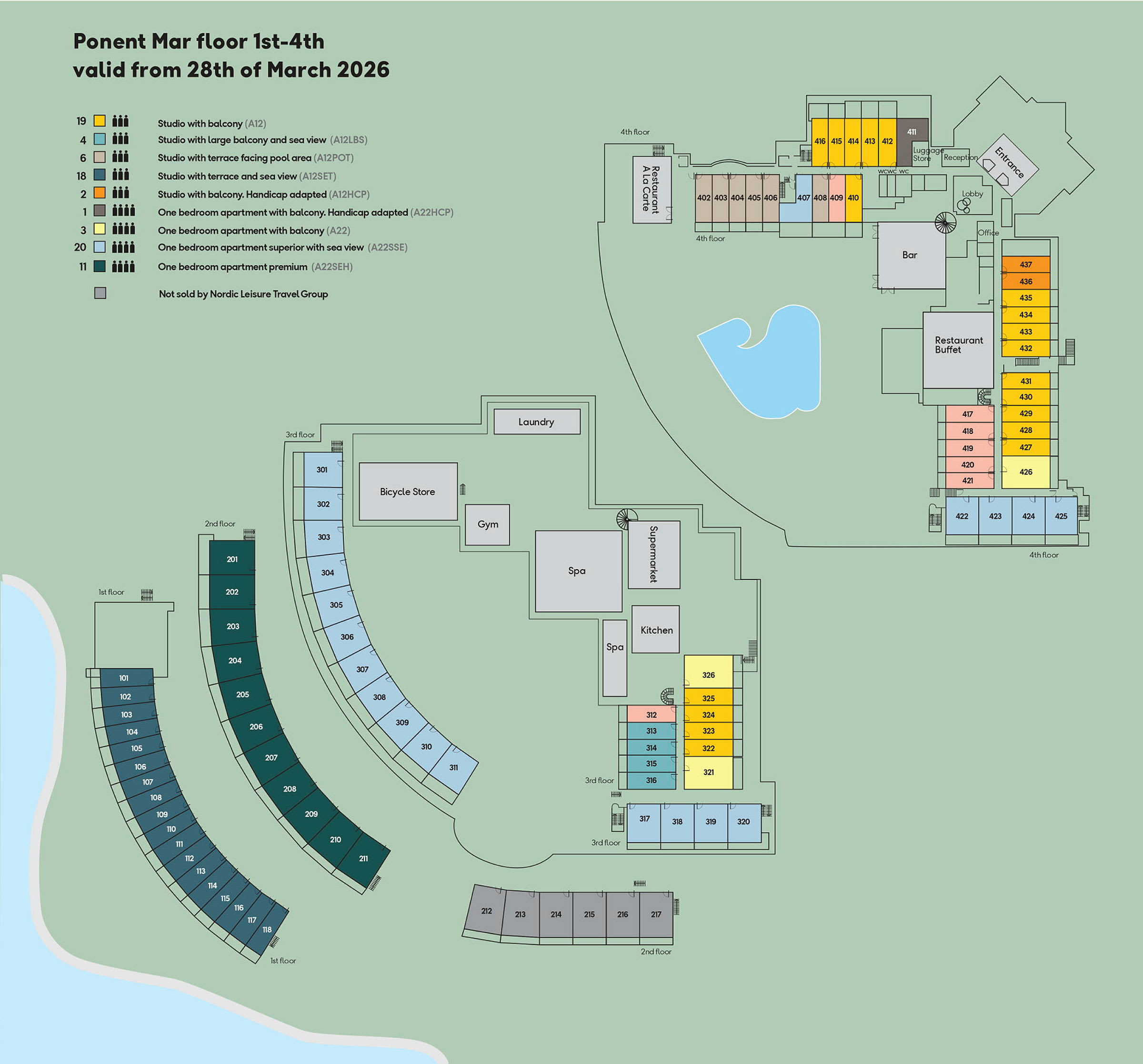 Plantegning af hotellet Ponent Mar med forskellige værelser og faciliteter markeret. (AI-genereret tekst)