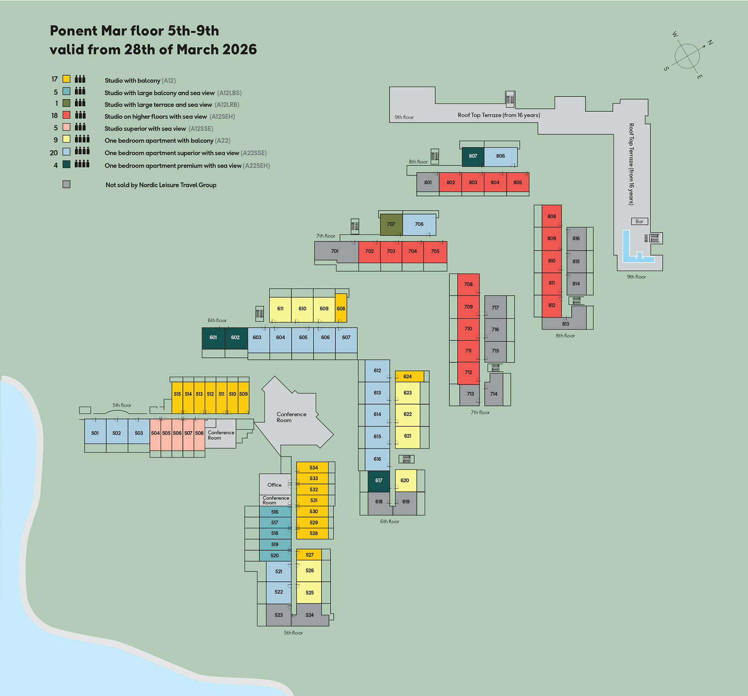 Oversigt over Ponent Mar etageplan 5-9 med markerede værelsestyper og faciliteter. (AI-genereret tekst)