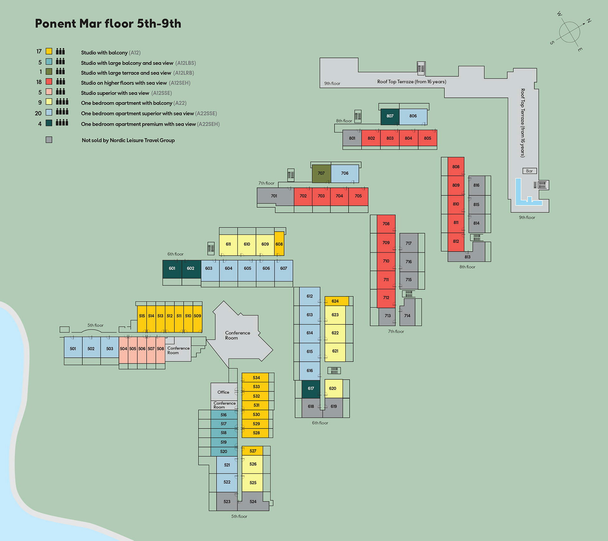 En etageplan for Ponent Mar viser indretningen af værelser og faciliteter fra femte til niende etage. (AI-genereret tekst)