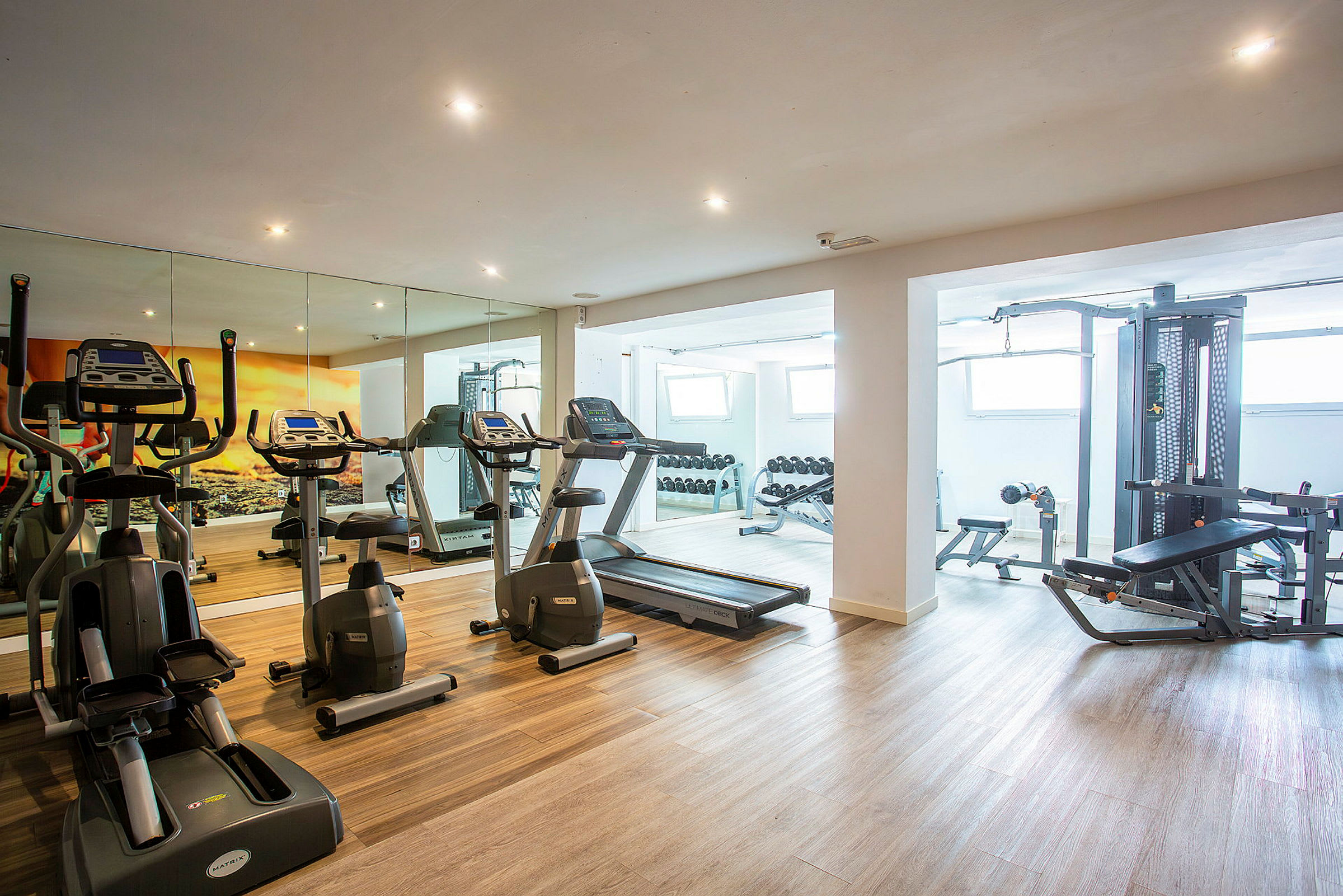Et fitnesscenter med træningsmaskiner og frivægte. (AI-genereret tekst)