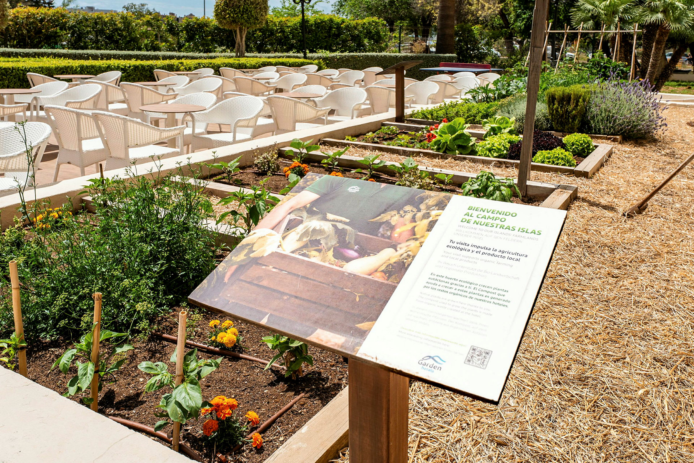 En have med planter og blomster og en informationsplakat. Bagved ses borde og stole på en terrasse. (AI-genereret tekst)