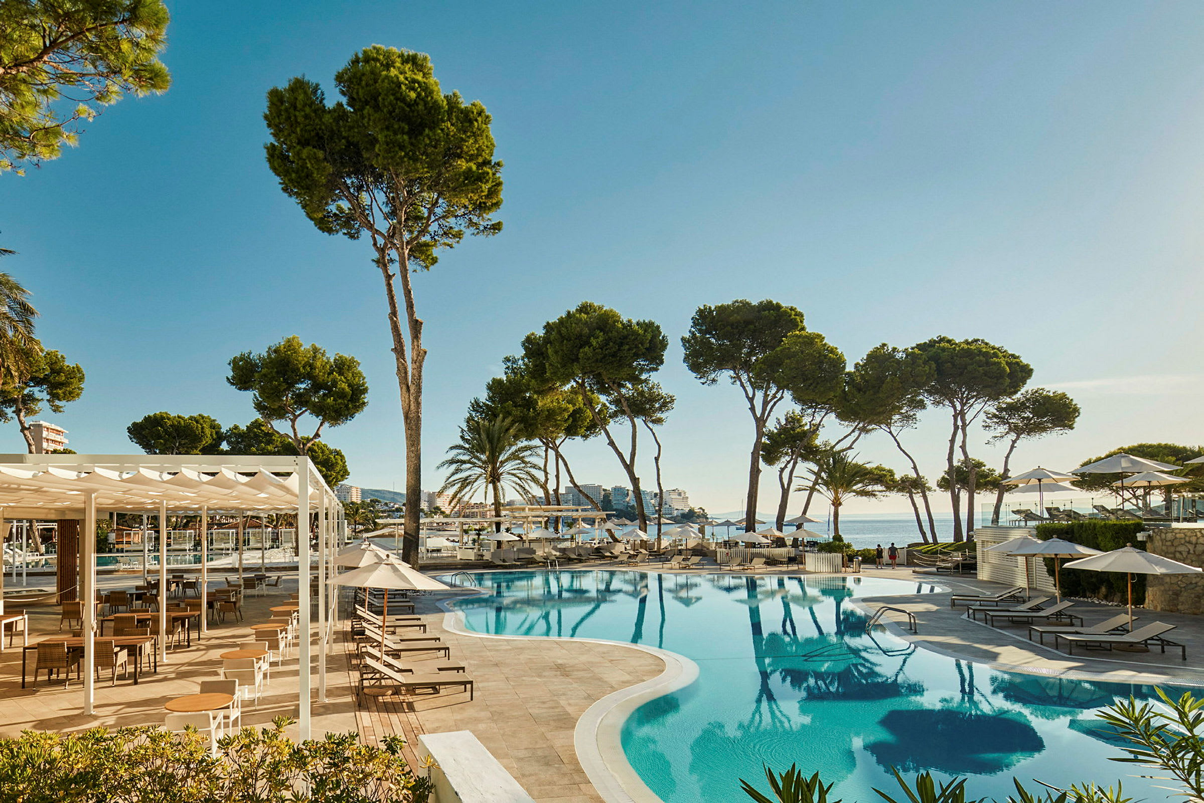 Billede af en udendørs swimmingpool ved et hotel med liggestole, parasoller og høje træer i baggrunden. (AI-genereret tekst)