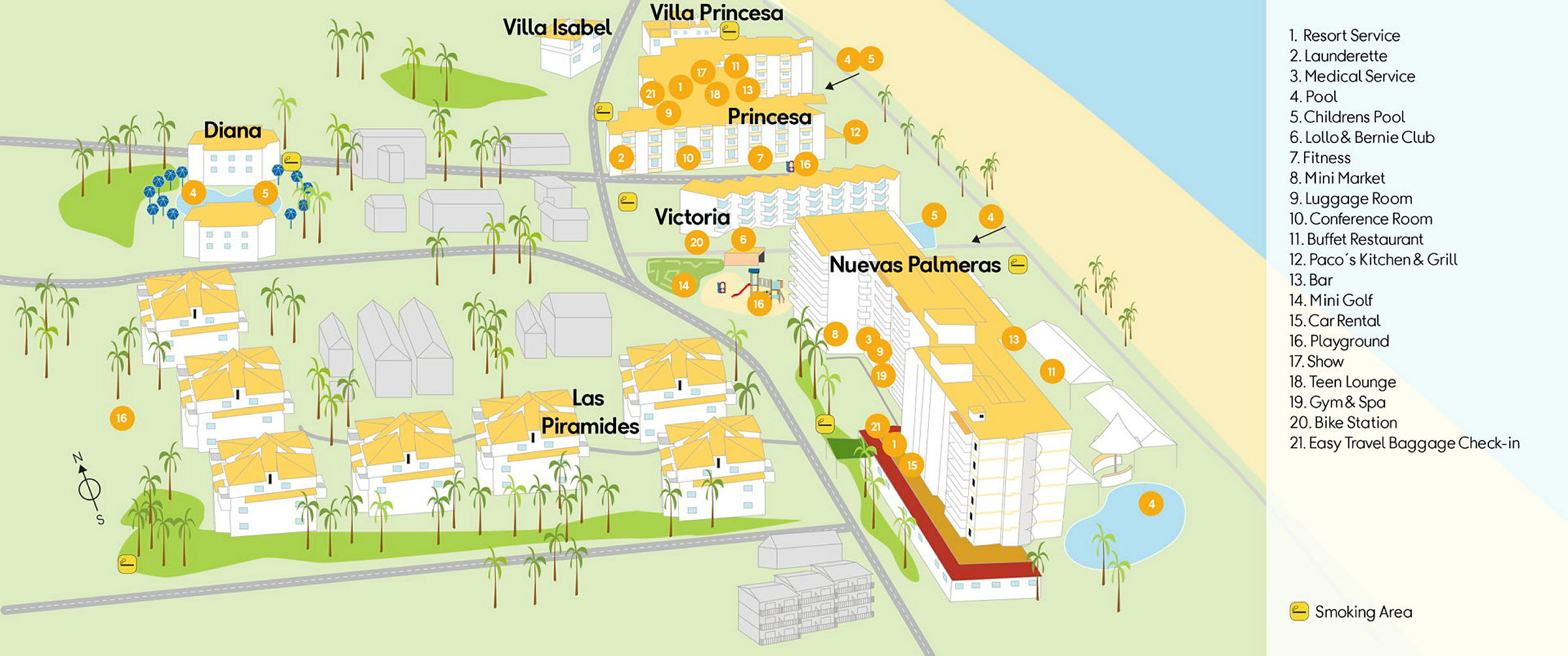 Illustration af et hotelområde med bygninger, pools, faciliteter og en strand. (AI-genereret tekst)