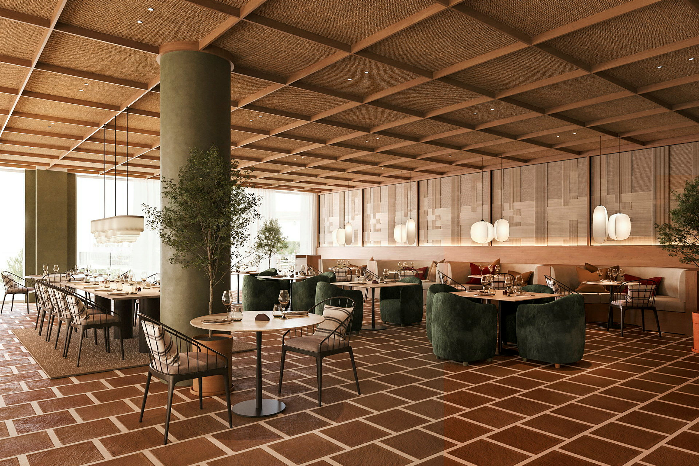 En elegant restaurant med grønne vægge, et mønstret gulv og moderne indretning med borde og stole. (AI-genereret tekst)