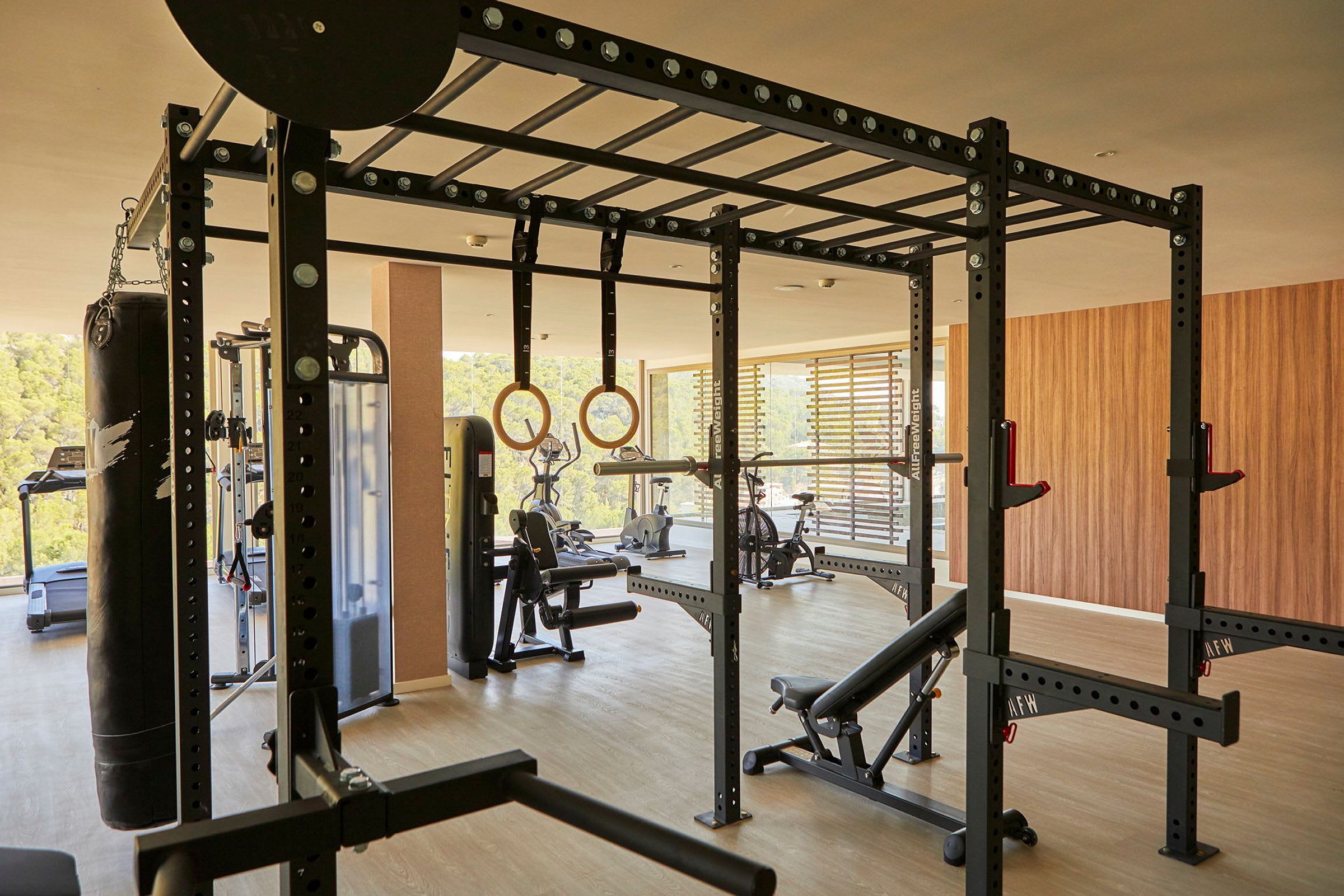 Et moderne fitnesscenter med forskellige træningsredskaber som vægtstativer, motionscykler og gymnastikringe. (AI-genereret tekst)