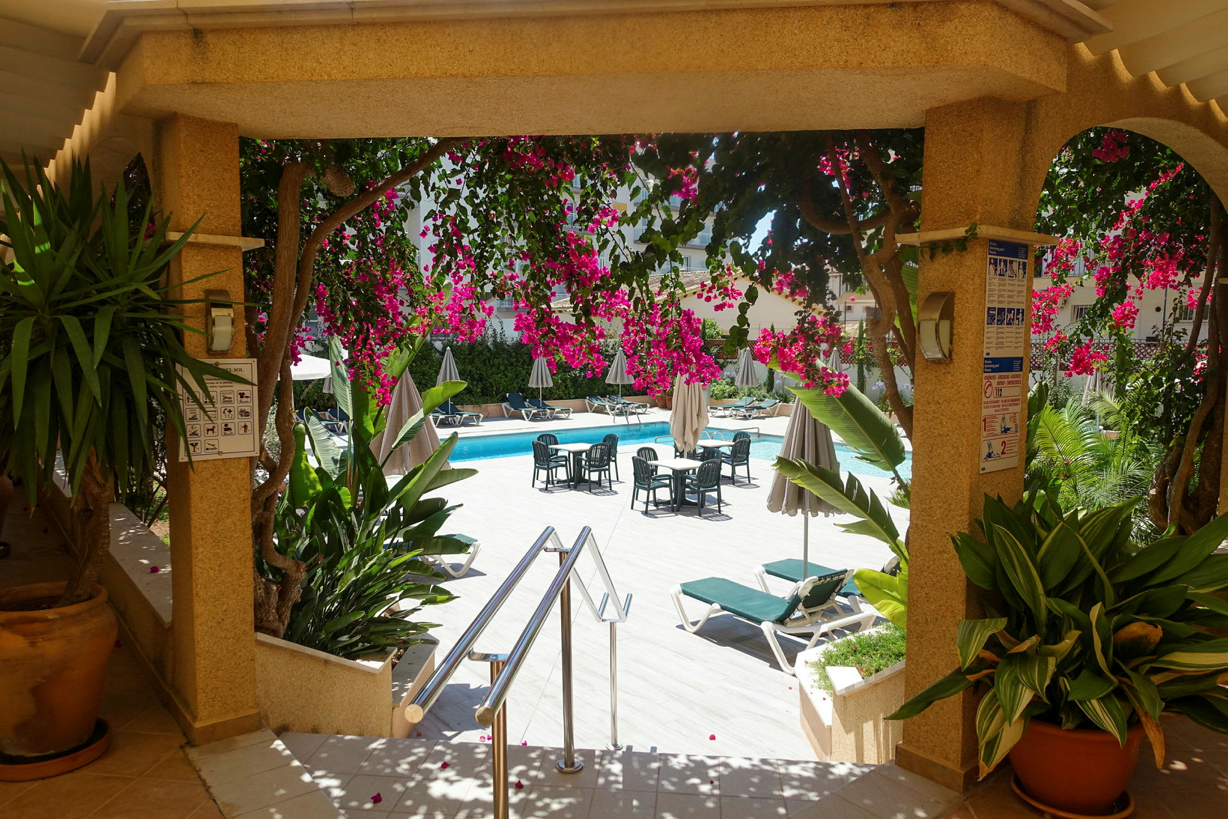 Udsigt fra en terrasse med trapper, der fører ned til et poolområde omgivet af blomstrende planter. (AI-genereret tekst)