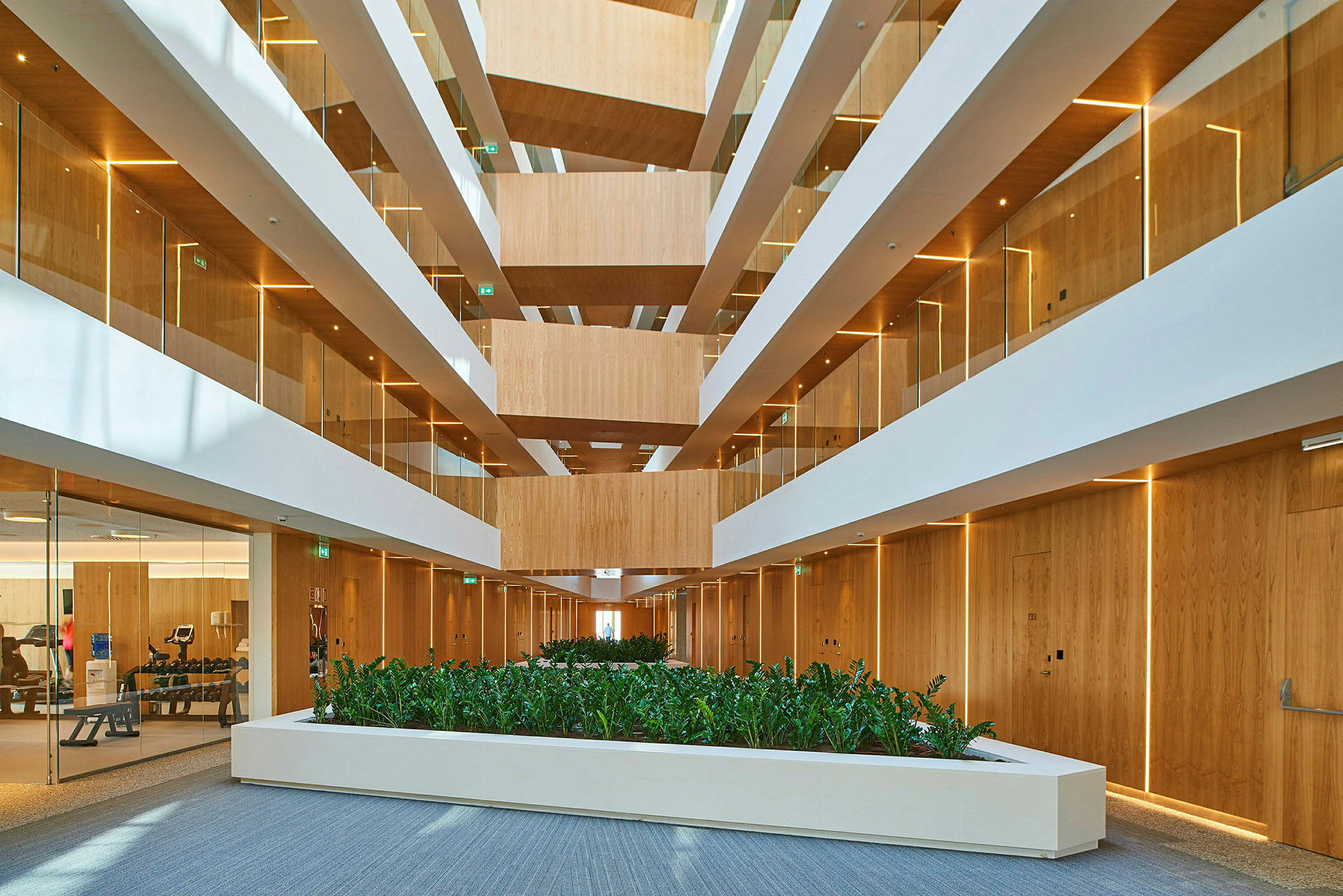 Moderne hotelatrium med træpaneler, glasrækværk og beplantning. (AI-genereret tekst)