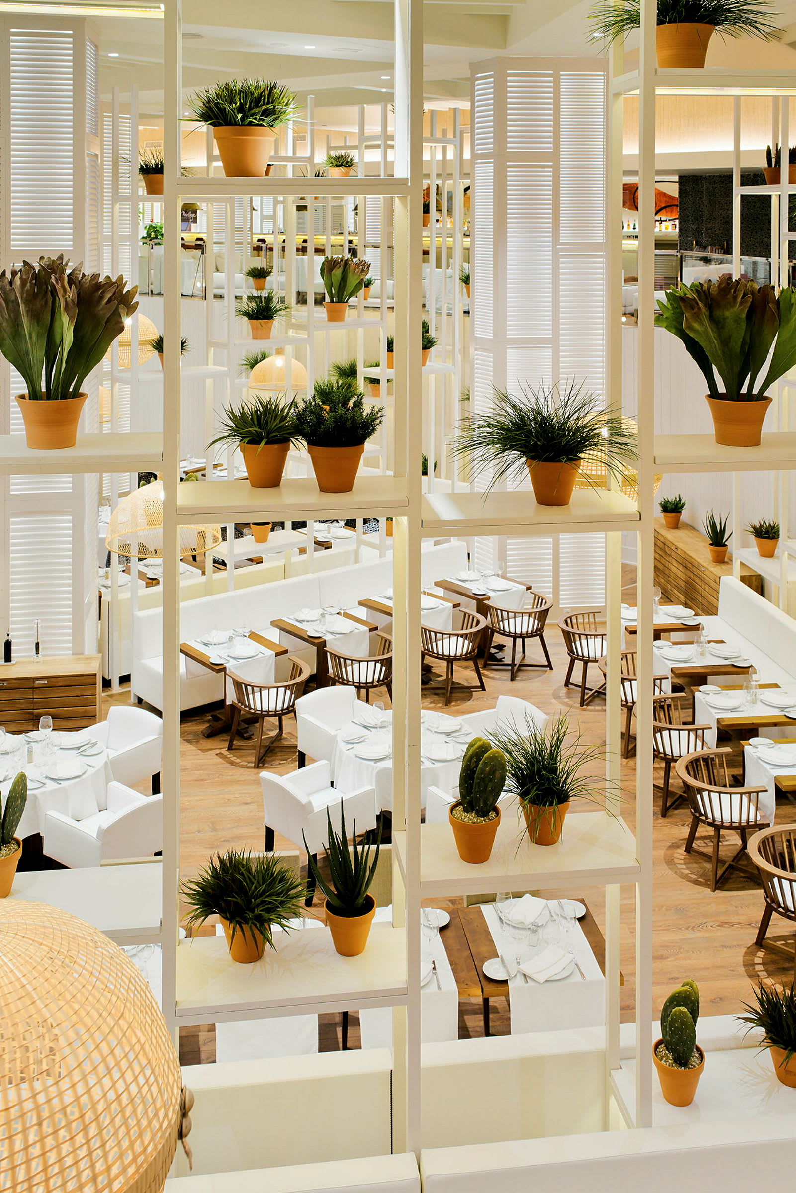Interiør af en elegant restaurant med hvide møbler og opstillede borde, indrammet af hylder dekoreret med potteplanter. (AI-genereret tekst)