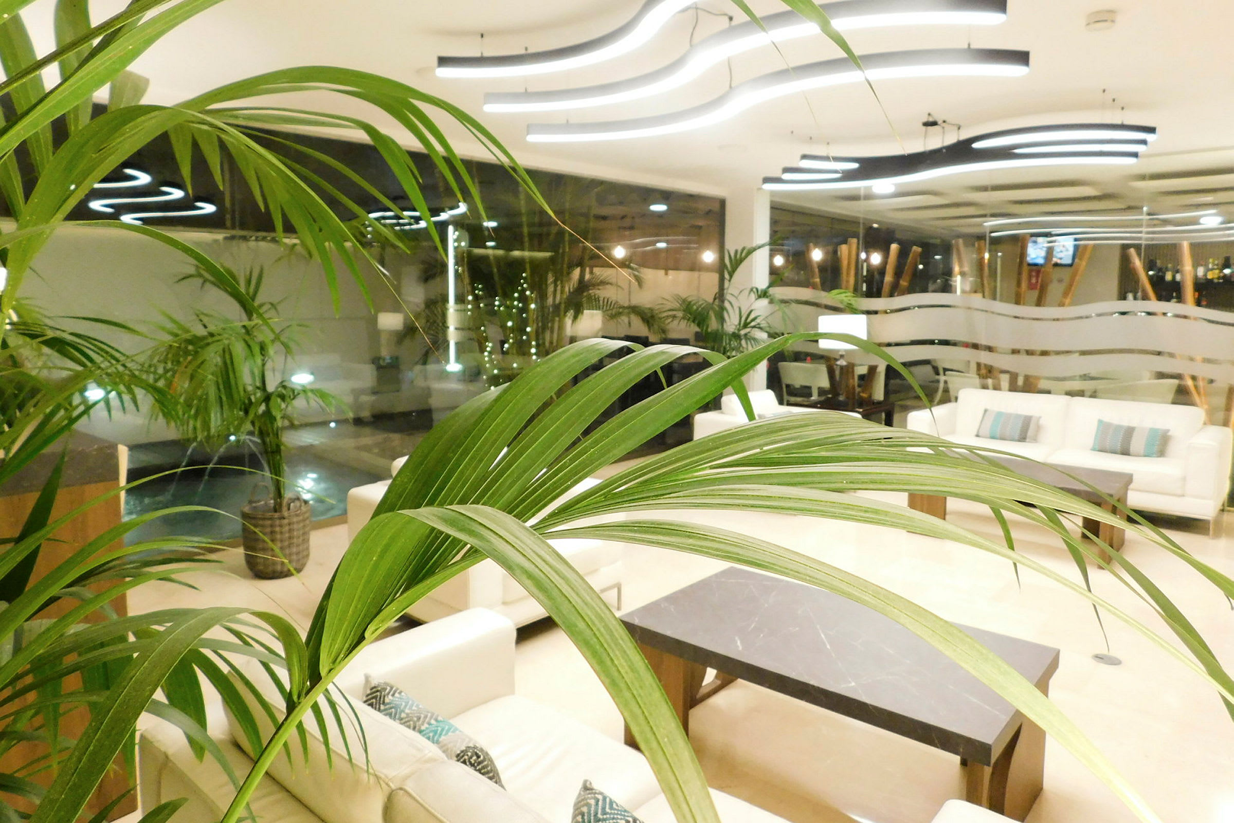 Lys og moderne lobby med sofaer og borde, med frodige planter og elegant belysning. (AI-genereret tekst)