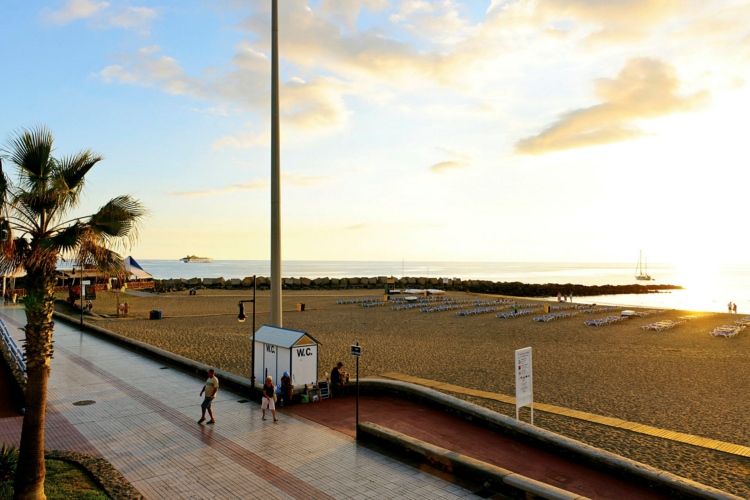 Strandpromenade med palmer og hav i solnedgang. (AI-genereret tekst)