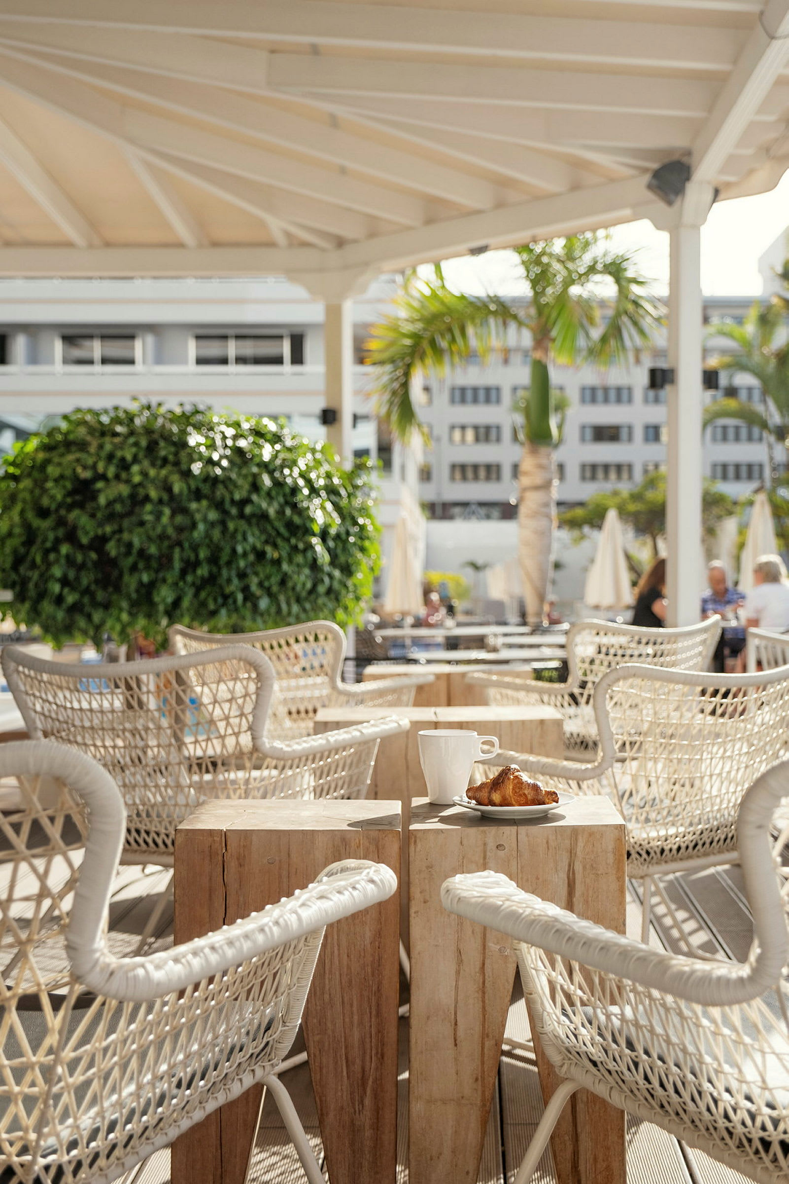 Et cafebord med to træstole under en pergola, med en kaffekop og en croissant på bordet. Baggrunden inkluderer tropiske planter og andre borde. (AI-genereret tekst)