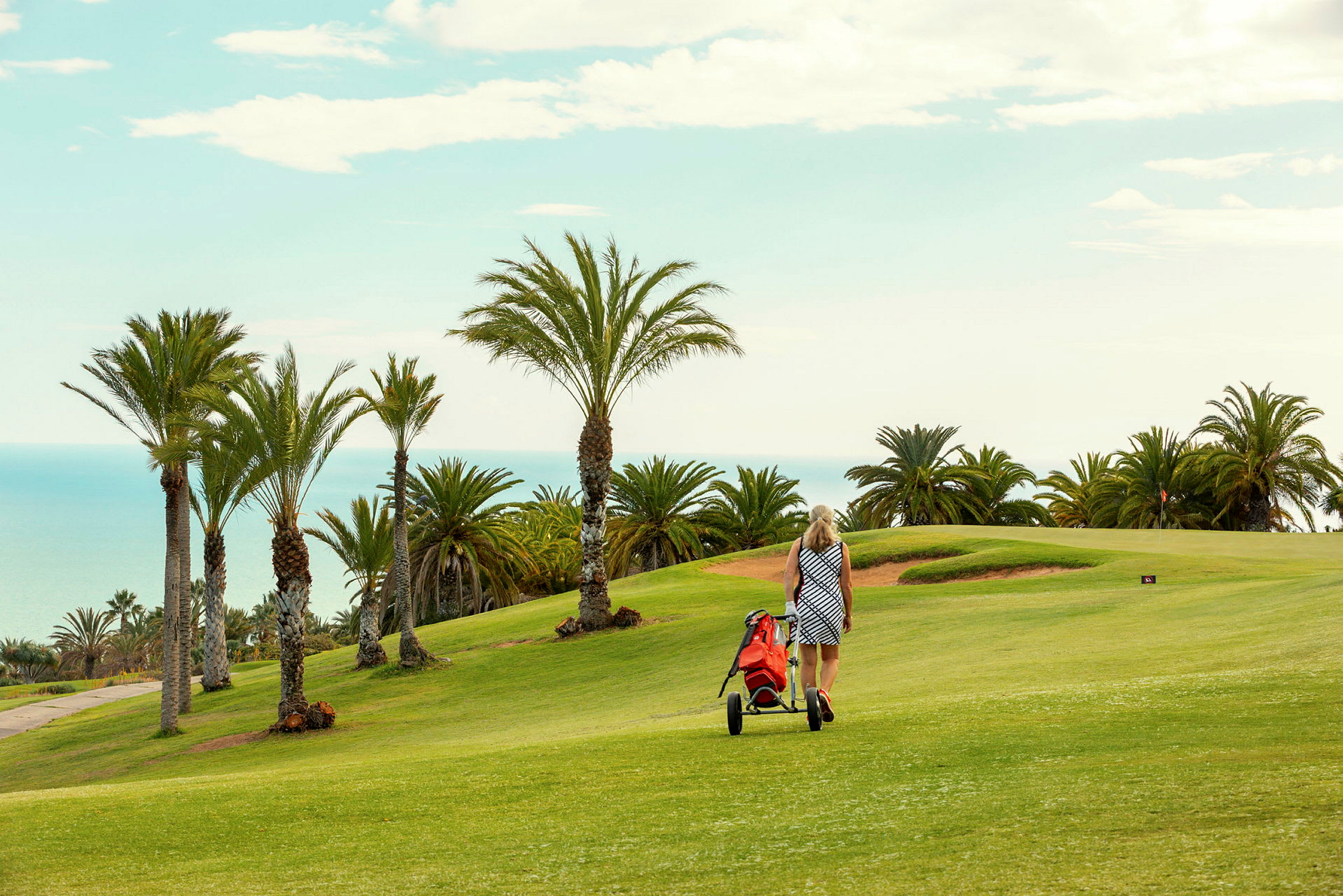 En kvinde går med en golfvogn på en grøn golfbane omgivet af palmer med havet i baggrunden. (AI-genereret tekst)