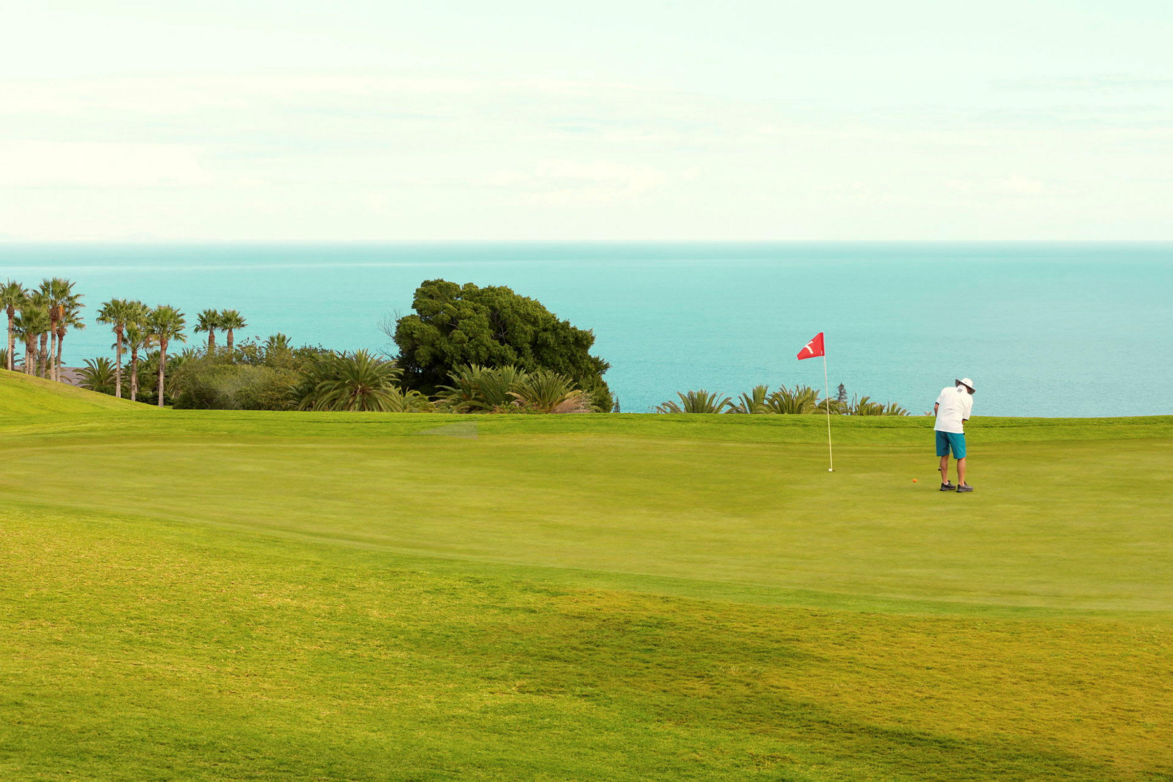En person spiller golf på en grøn bane med havet i baggrunden. (AI-genereret tekst)