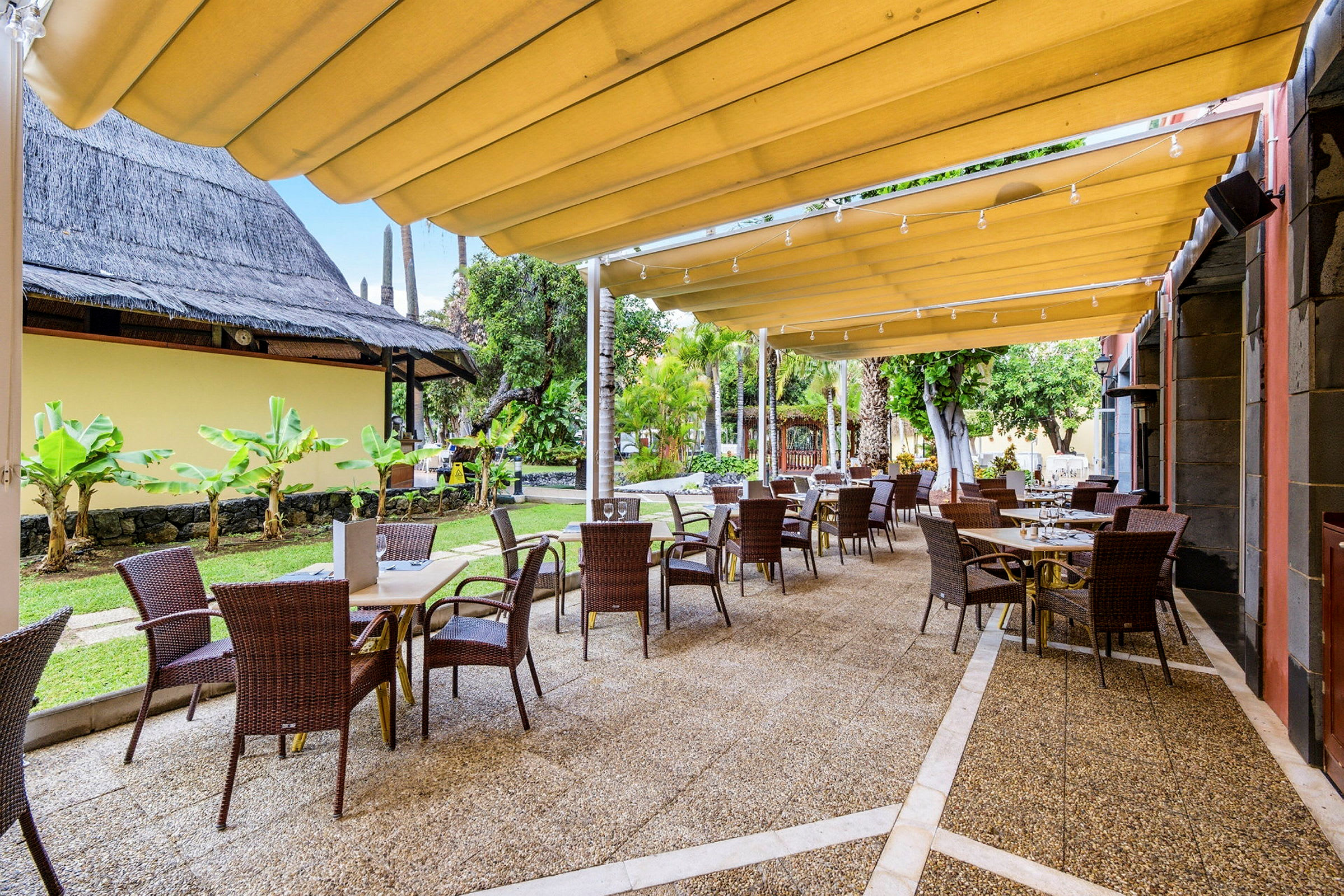 Udendørs serveringsområde med borde og stole, omgivet af planter og grønne træer. (AI-genereret tekst)