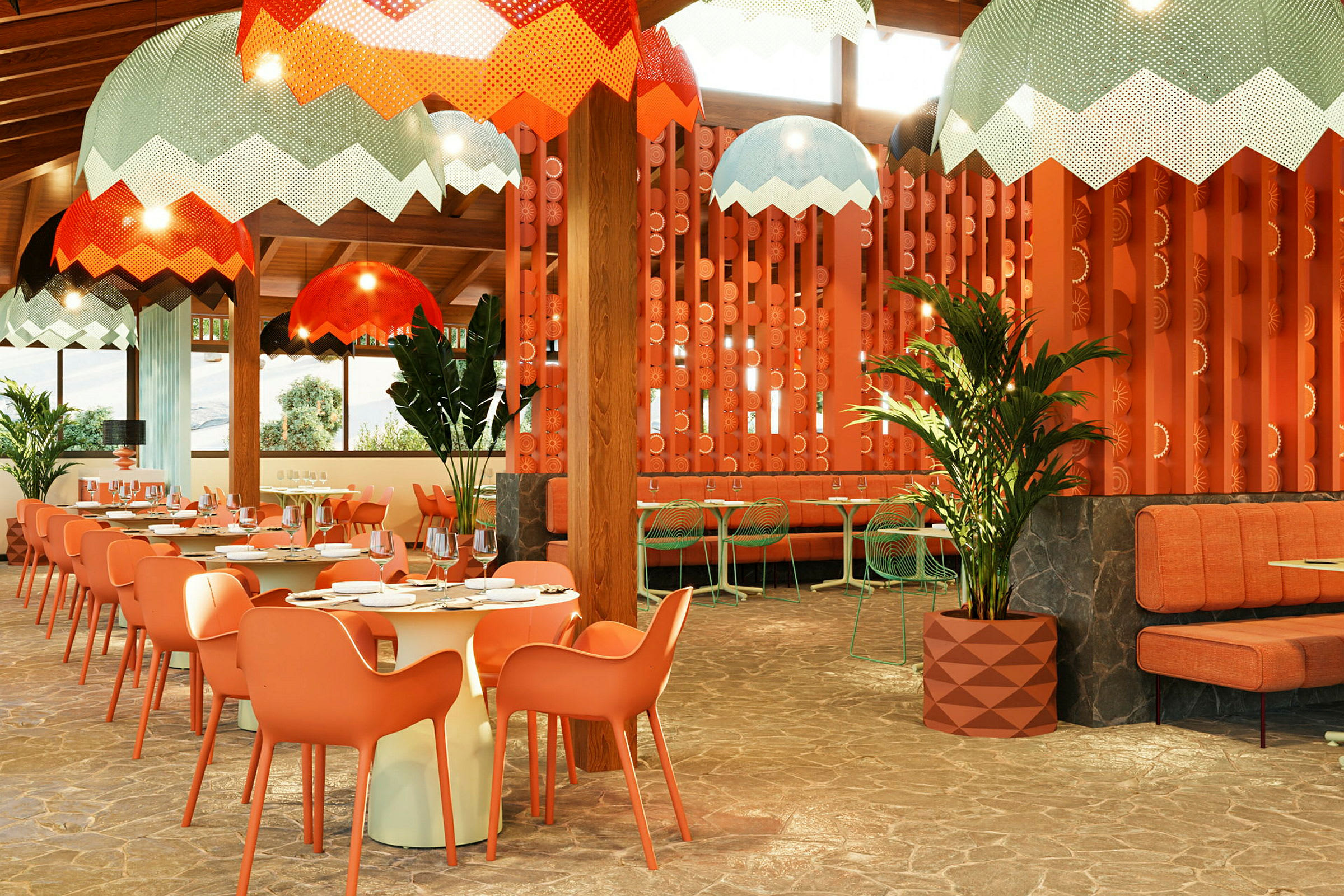 Interiørbillede af en restaurant med orange og røde nuancer, moderne møbler og dekorative lamper. (AI-genereret tekst)