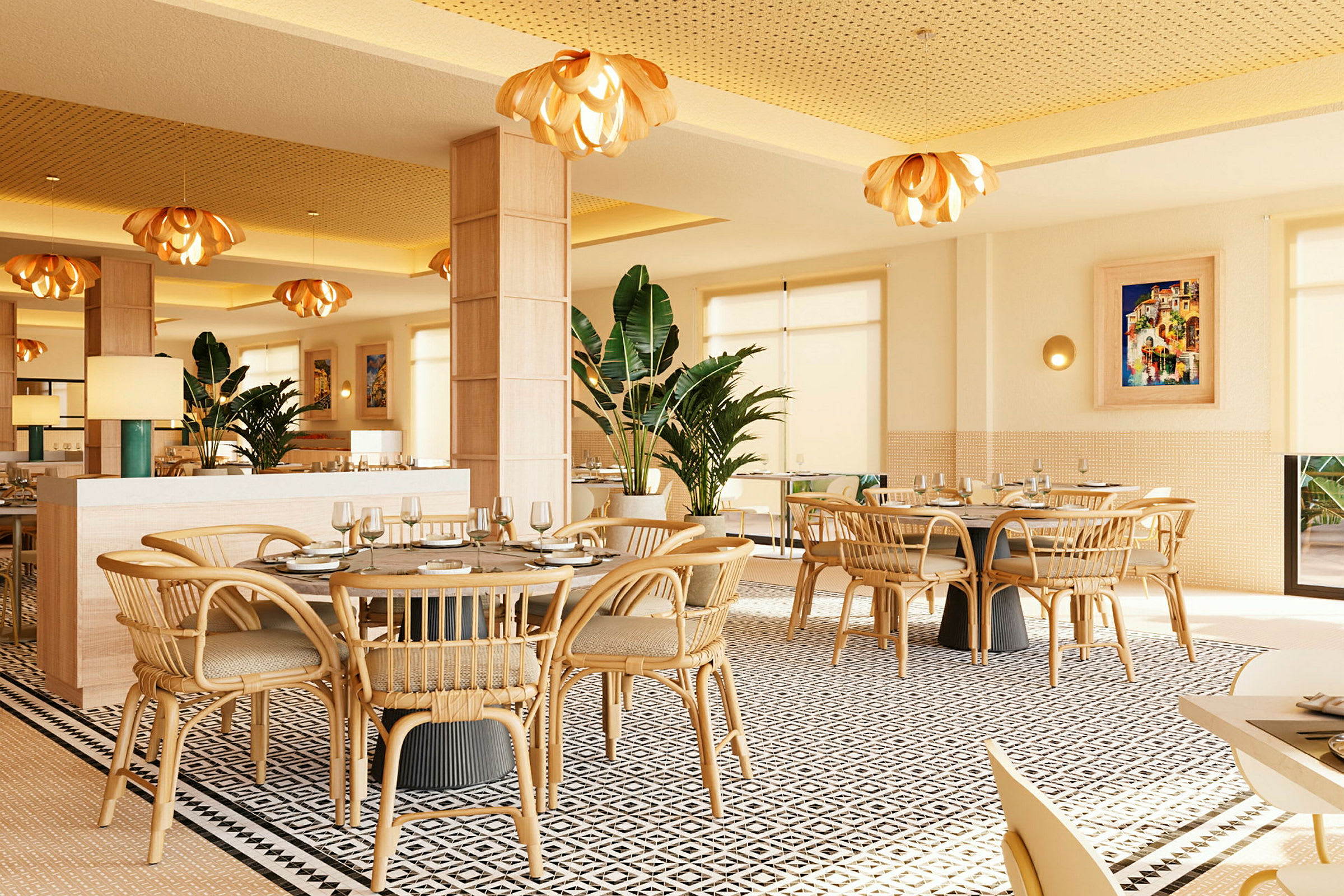 En lys restaurant med træstole og borde, dekorative lamper samt planter i krukker. (AI-genereret tekst)