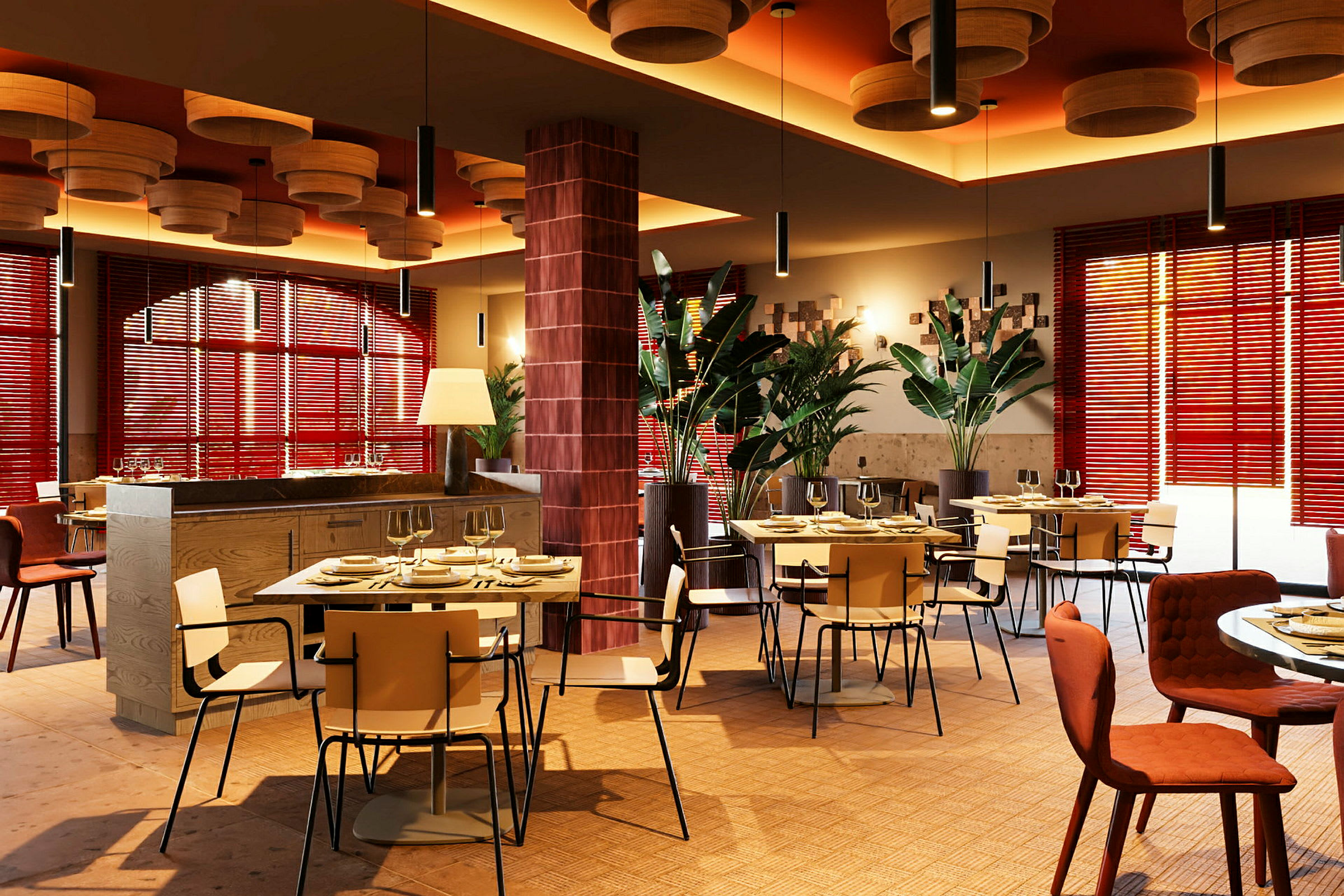 En elegant indrettet restaurant med dækkede borde og moderne møbler. (AI-genereret tekst)