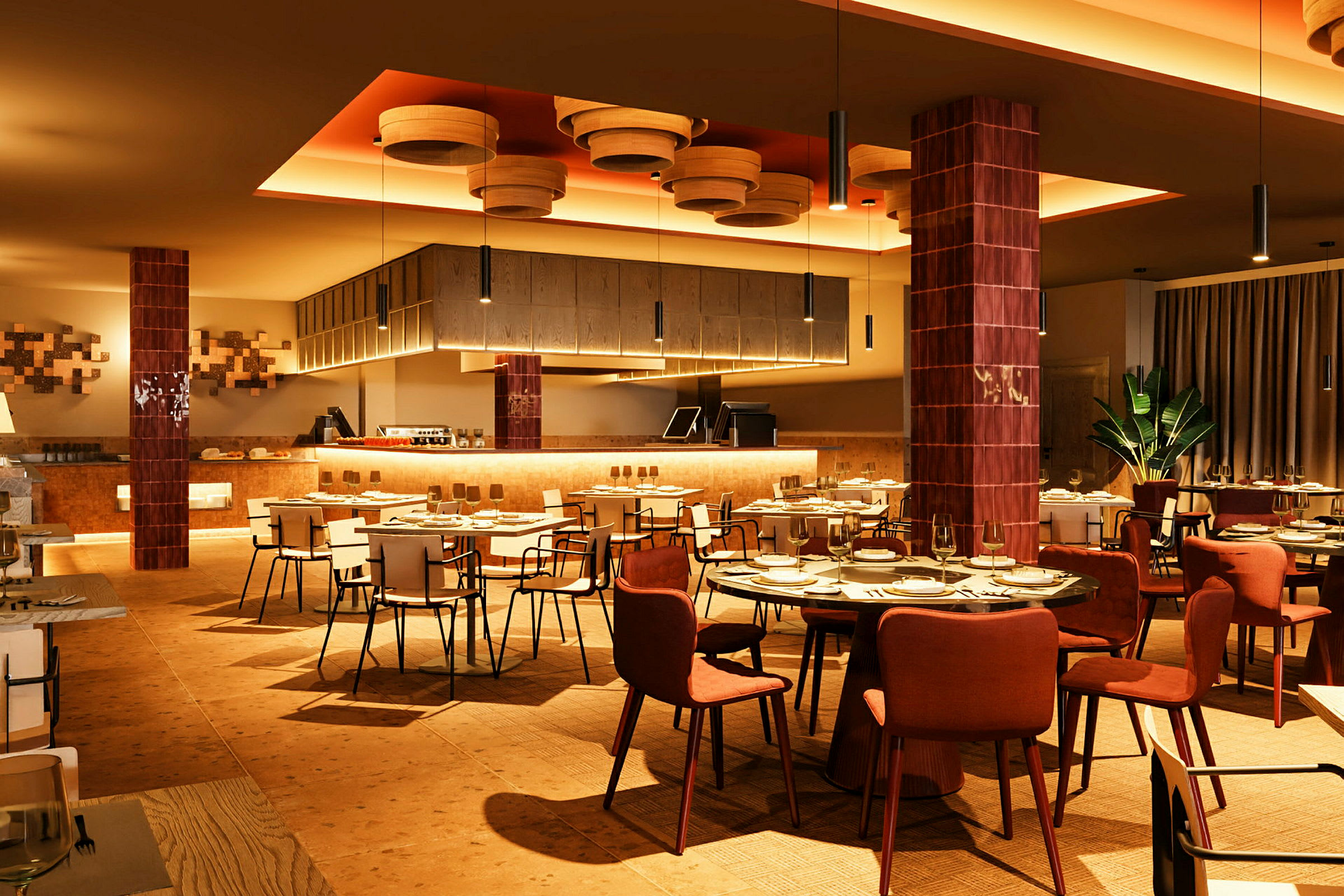 Interiør af en elegant restaurant med stilfulde møbler og varm belysning. (AI-genereret tekst)
