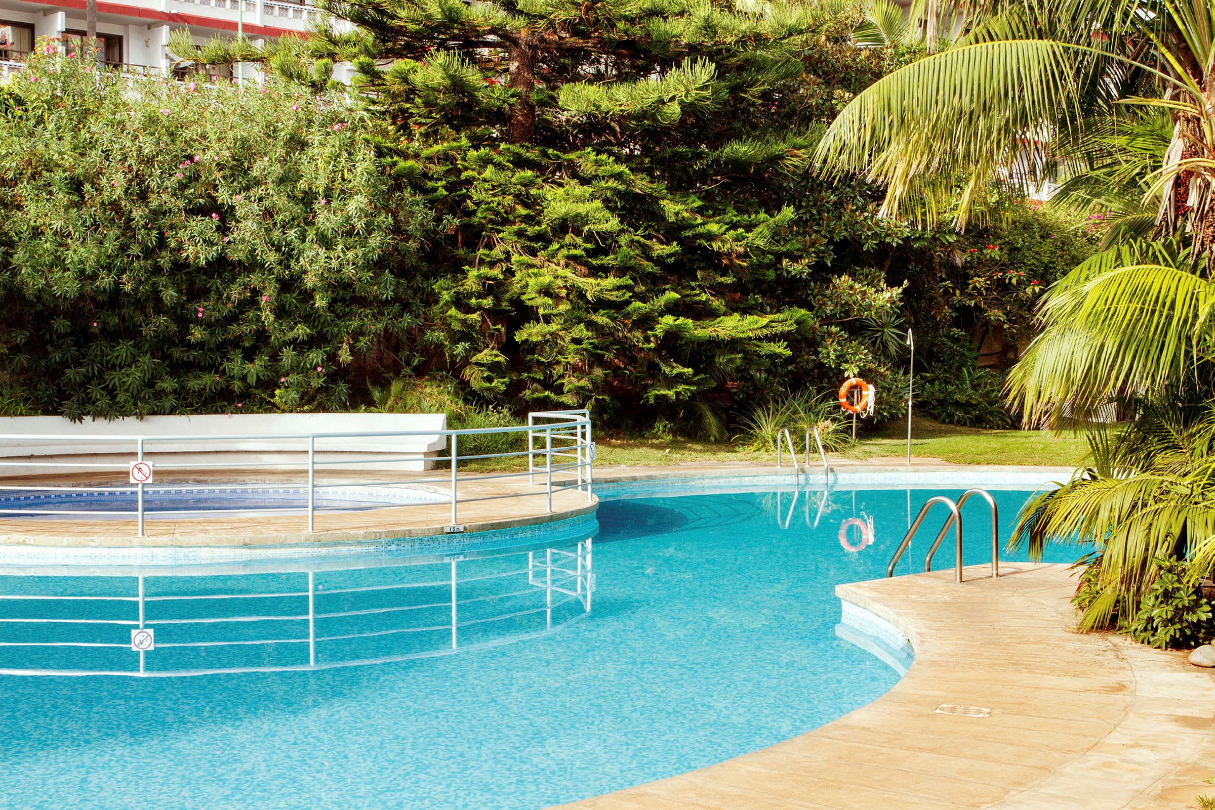 En udendørs swimmingpool med omkringliggende beplantning og liggestole. (AI-genereret tekst)
