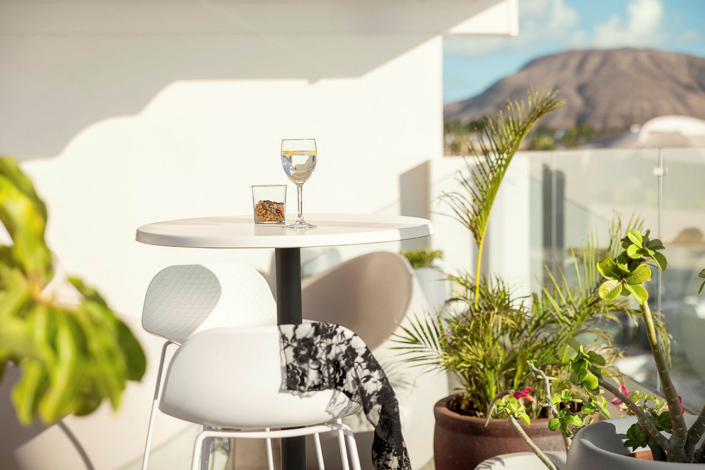 Et lille bord på en terrasse med et glas drik og en skål nødder i solen, omgivet af planter og en udsigt over et bjerg. (AI-genereret tekst)