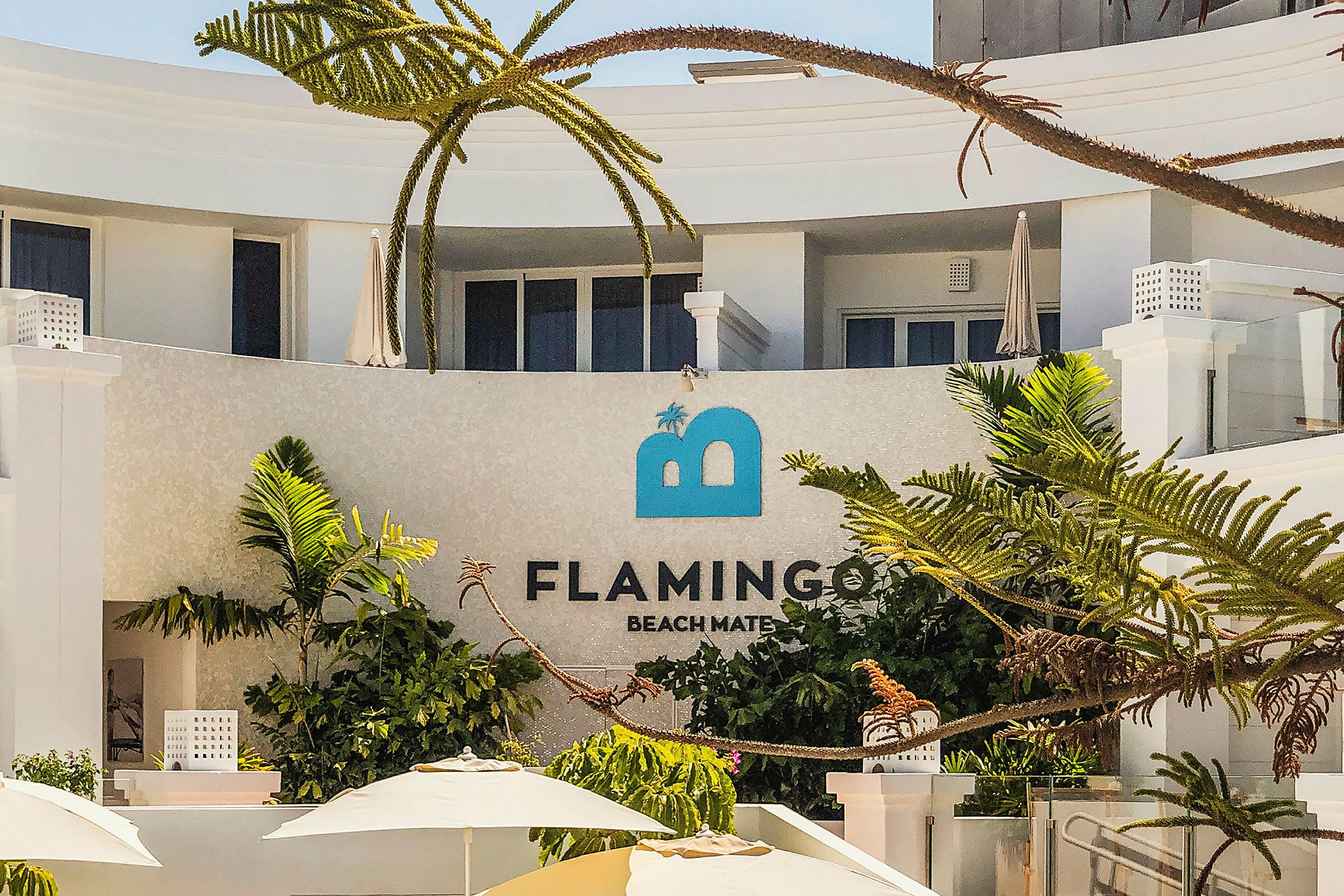 En moderne bygning med et skilt, hvor der står Flamingo Beach Mate, omgivet af palmer og parasoller. (AI-genereret tekst)