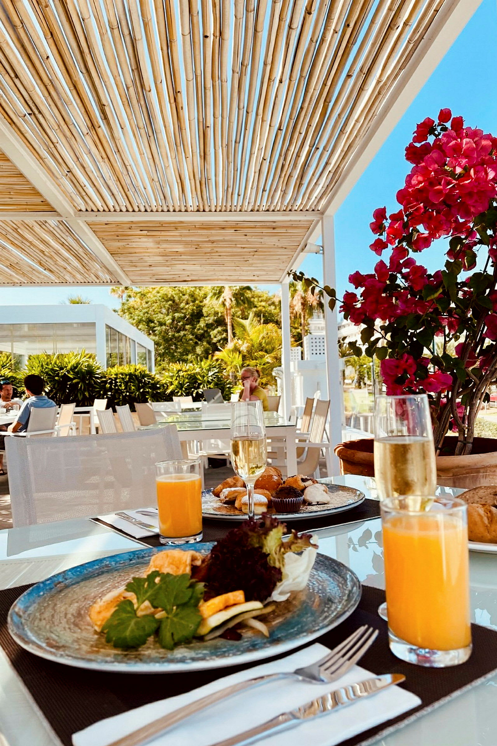 Et bord er dækket med tallerkener, glas med juice og champagne samt bestik. I baggrunden ses en pergola, planter og mennesker, der sidder ved andre borde. (AI-genereret tekst)