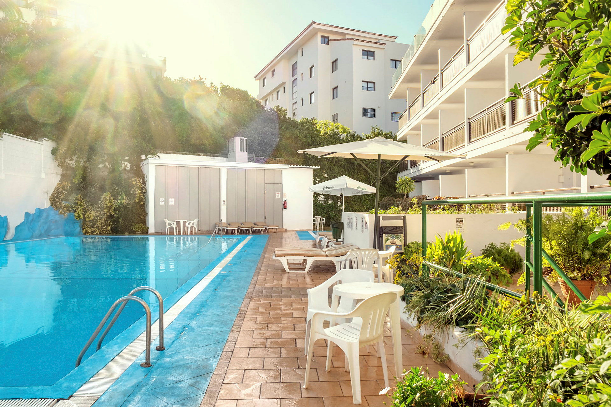 Udendørs swimmingpool med liggestole og parasoller omgivet af vegetation og hvide bygninger. (AI-genereret tekst)