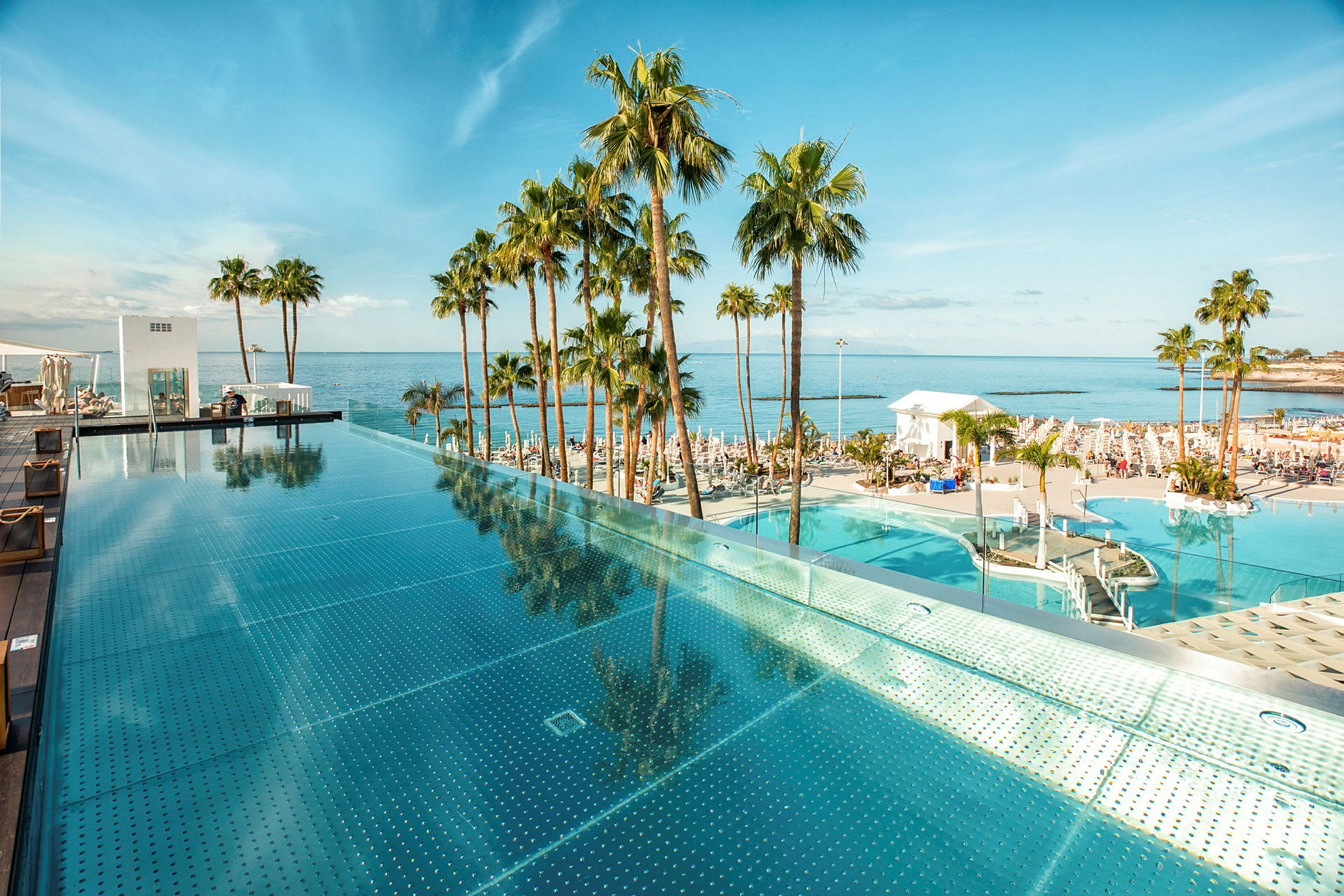 En infinitypool ved havet omgivet af palmer. (AI-genereret tekst)
