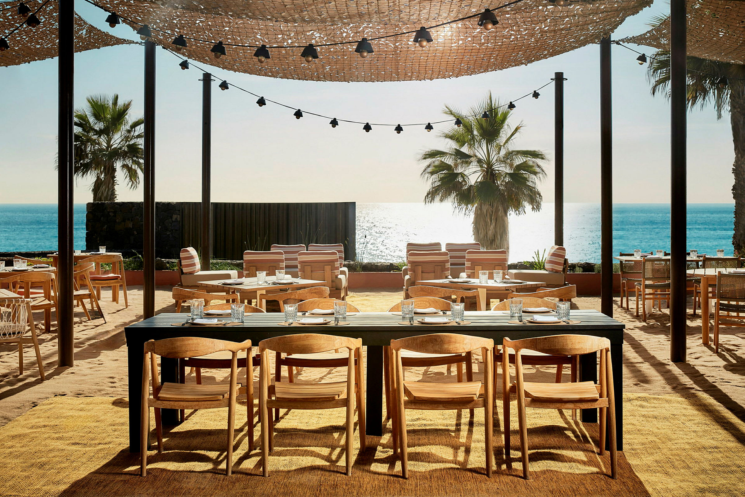 Udendørs restaurant med borde og stole, en palme og havet i baggrunden. (AI-genereret tekst)