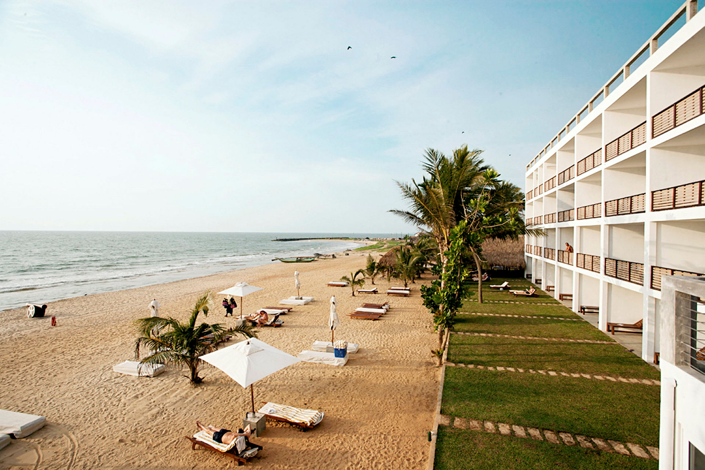 Et hotel ved en strand, hvor liggestole og parasoller er placeret i sandet, med nærliggende palmer. (AI-genereret tekst)