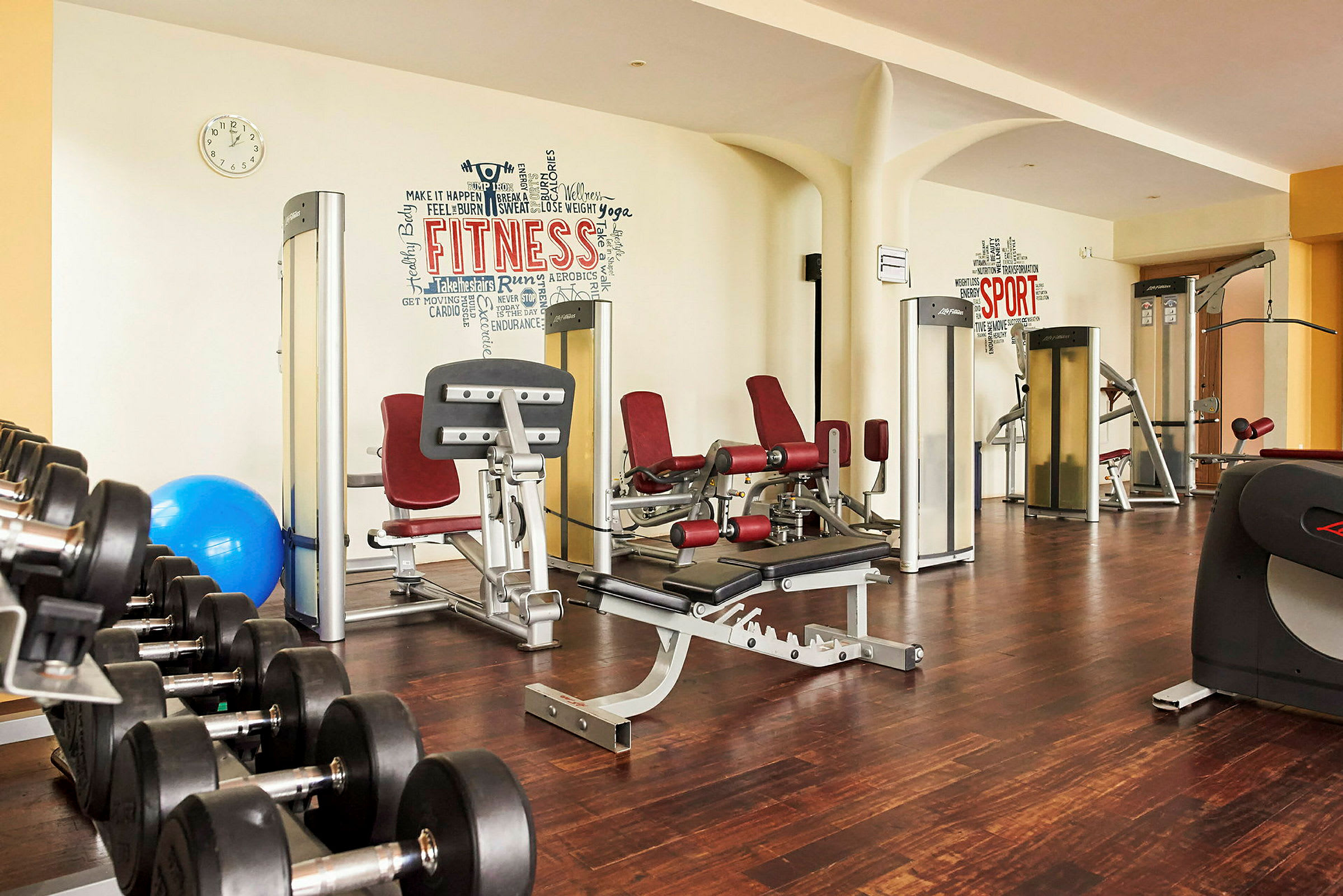 Billede af et fitnesscenter med træningsmaskiner, håndvægte og en pilatesbold. (AI-genereret tekst)
