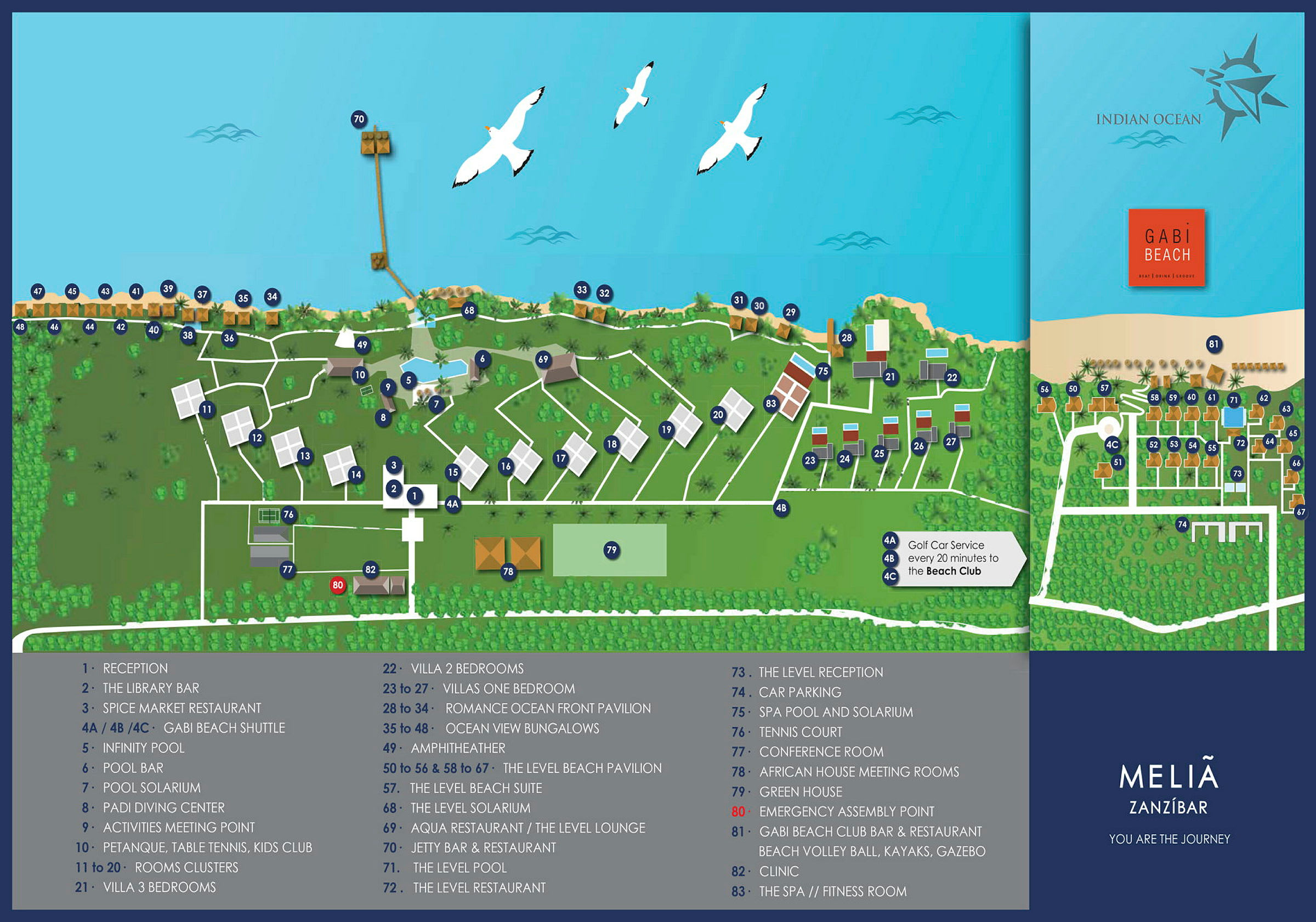 Et illustreret kort over en destination, der viser bygninger, swimmingpools og strande. (AI-genereret tekst)