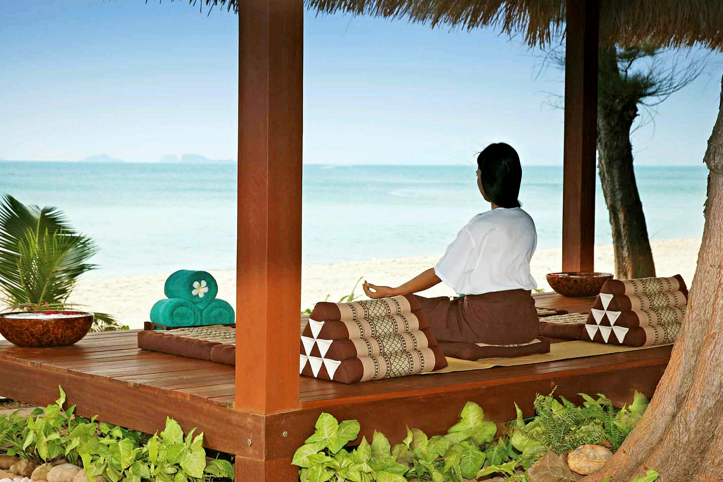 En person sidder i meditationsstilling under et træskur med udsigt over stranden og havet. (AI-genereret tekst)