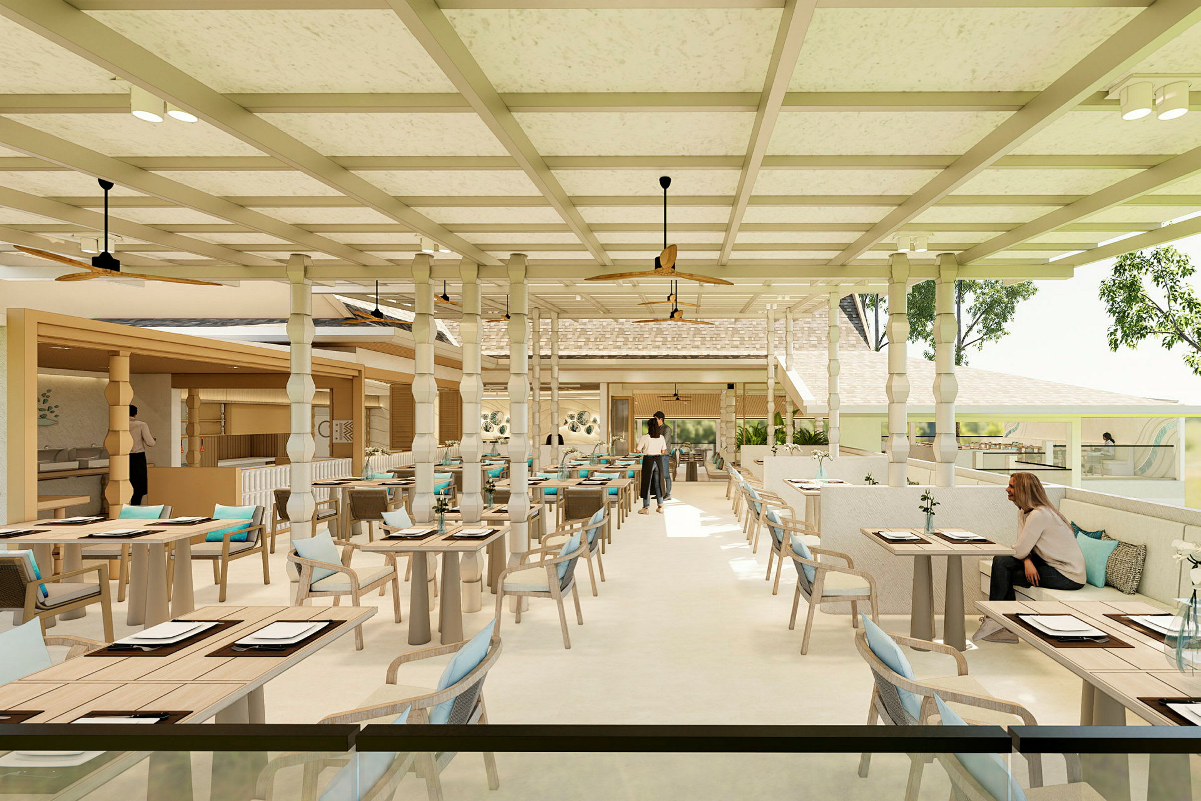 Lyst og luftigt restaurantområde med borde og stole under en pergola. (AI-genereret tekst)