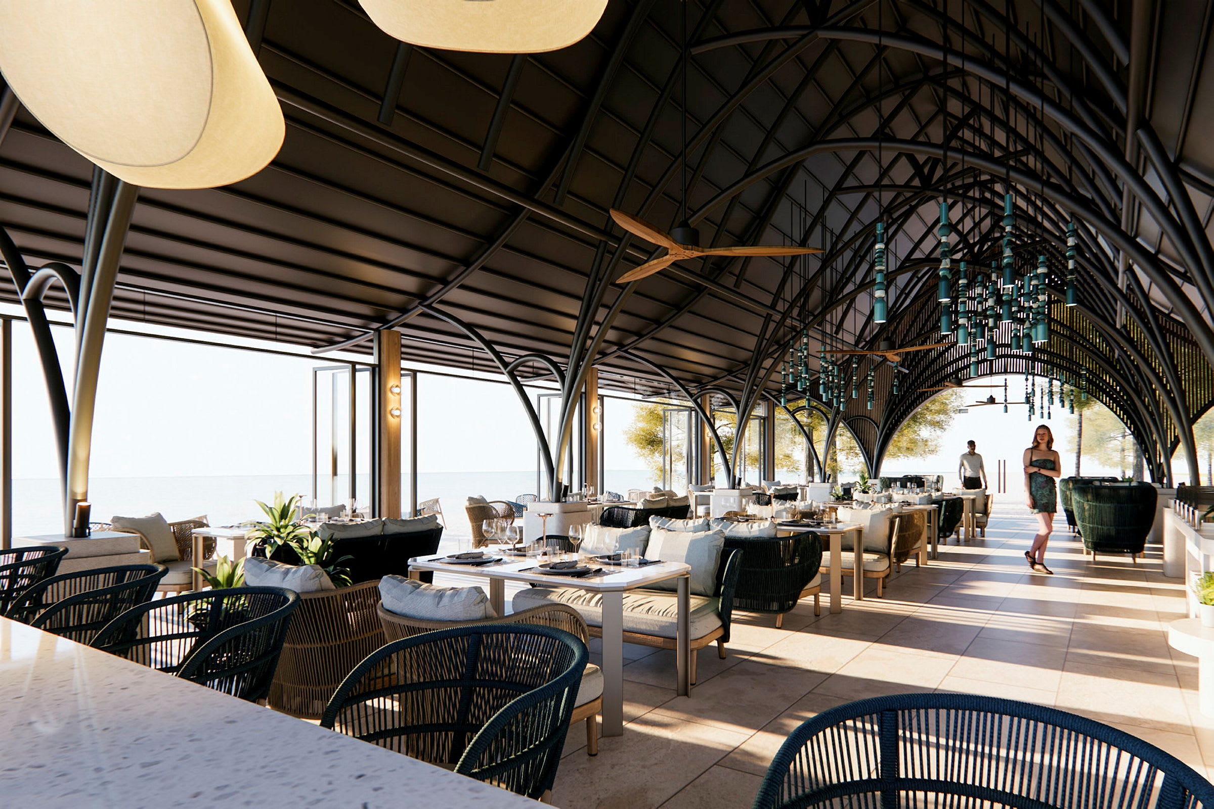 En stilfuld restaurant med højt til loftet og siddepladser. (AI-genereret tekst)