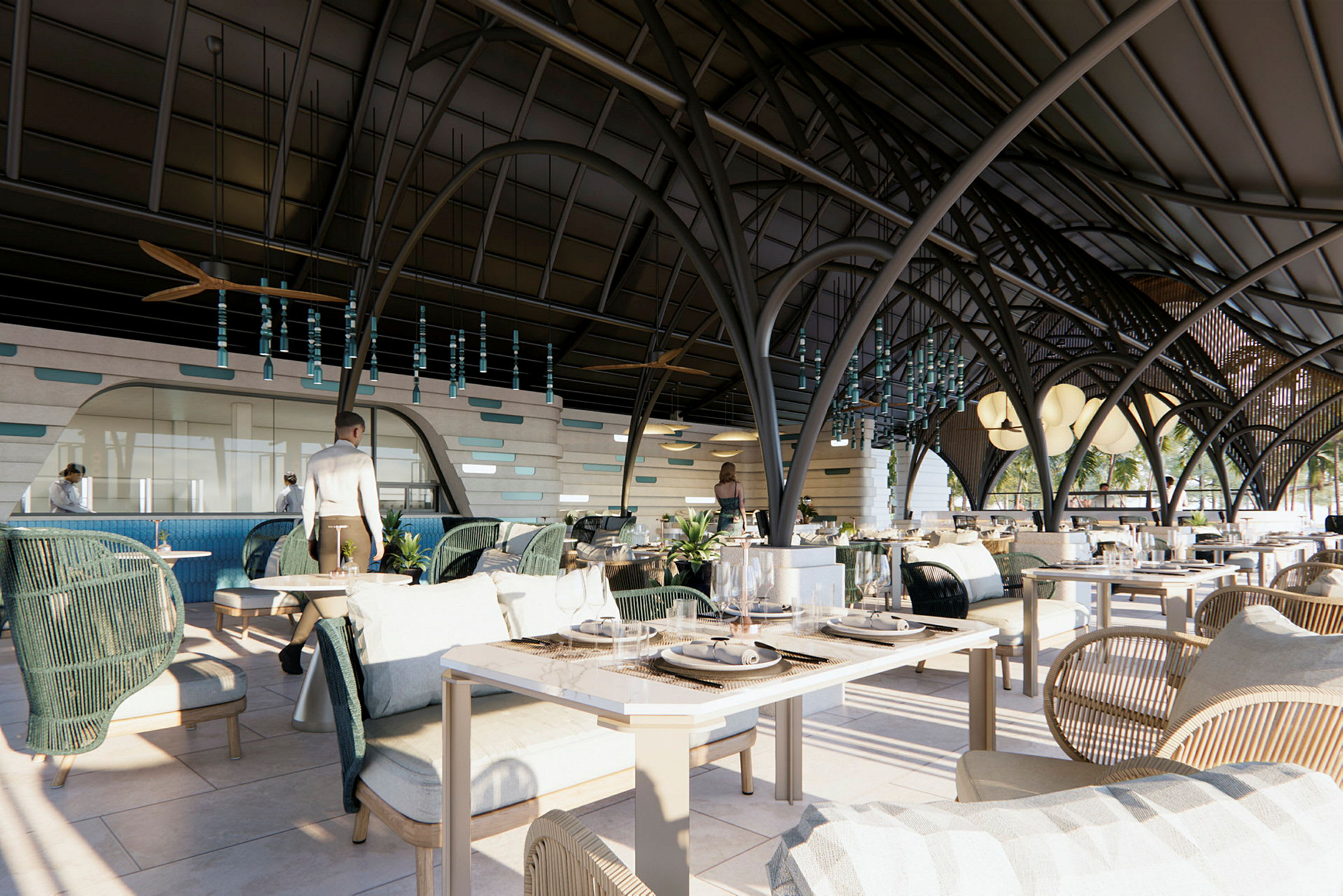 En moderne restaurant med elegante møbler og store vinduer. (AI-genereret tekst)