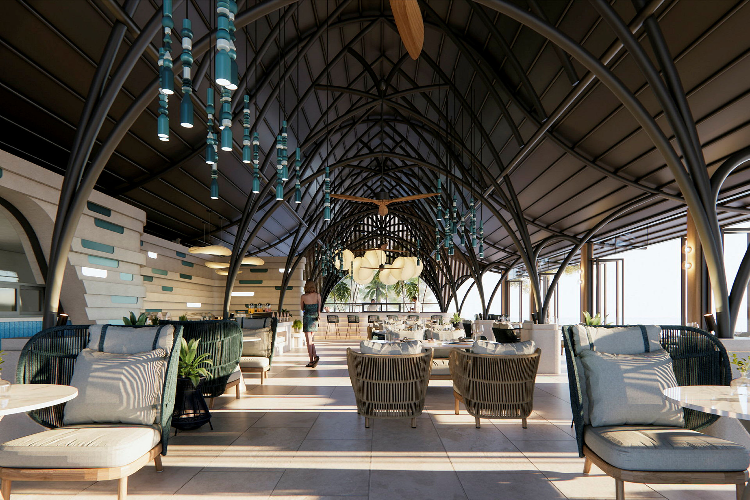Interiøret i en rummelig, moderne restaurant med buede lofter og flere siddegrupper. (AI-genereret tekst)